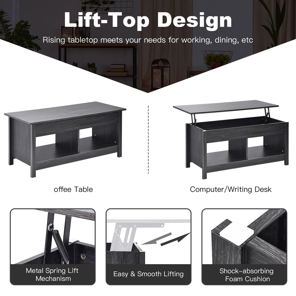 Lift Top Coffee Table with Hidden Storage Compartment and Lower Shelf for Study Room
