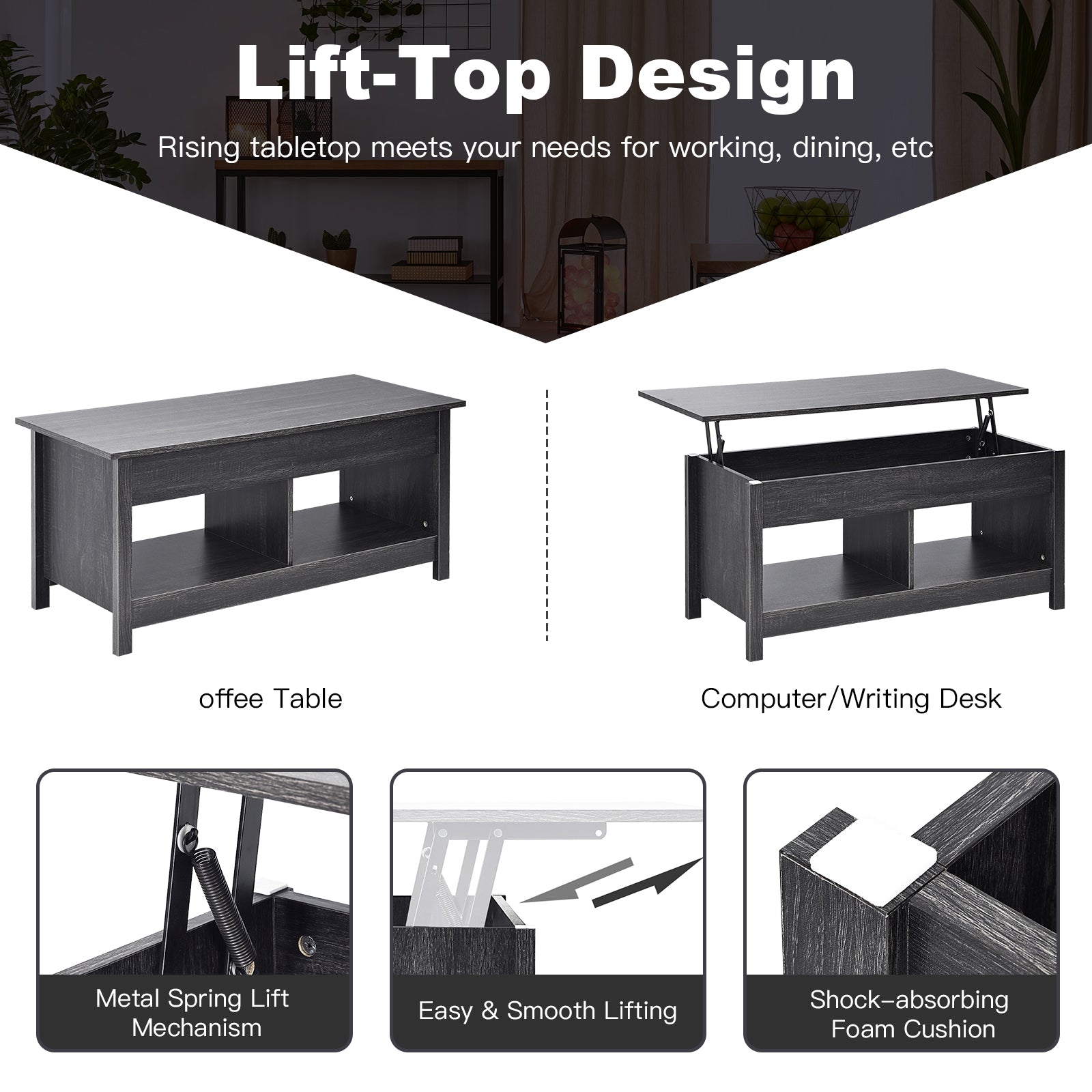 Lift Top Coffee Table with Hidden Storage Compartment and Lower Shelf for Study Room