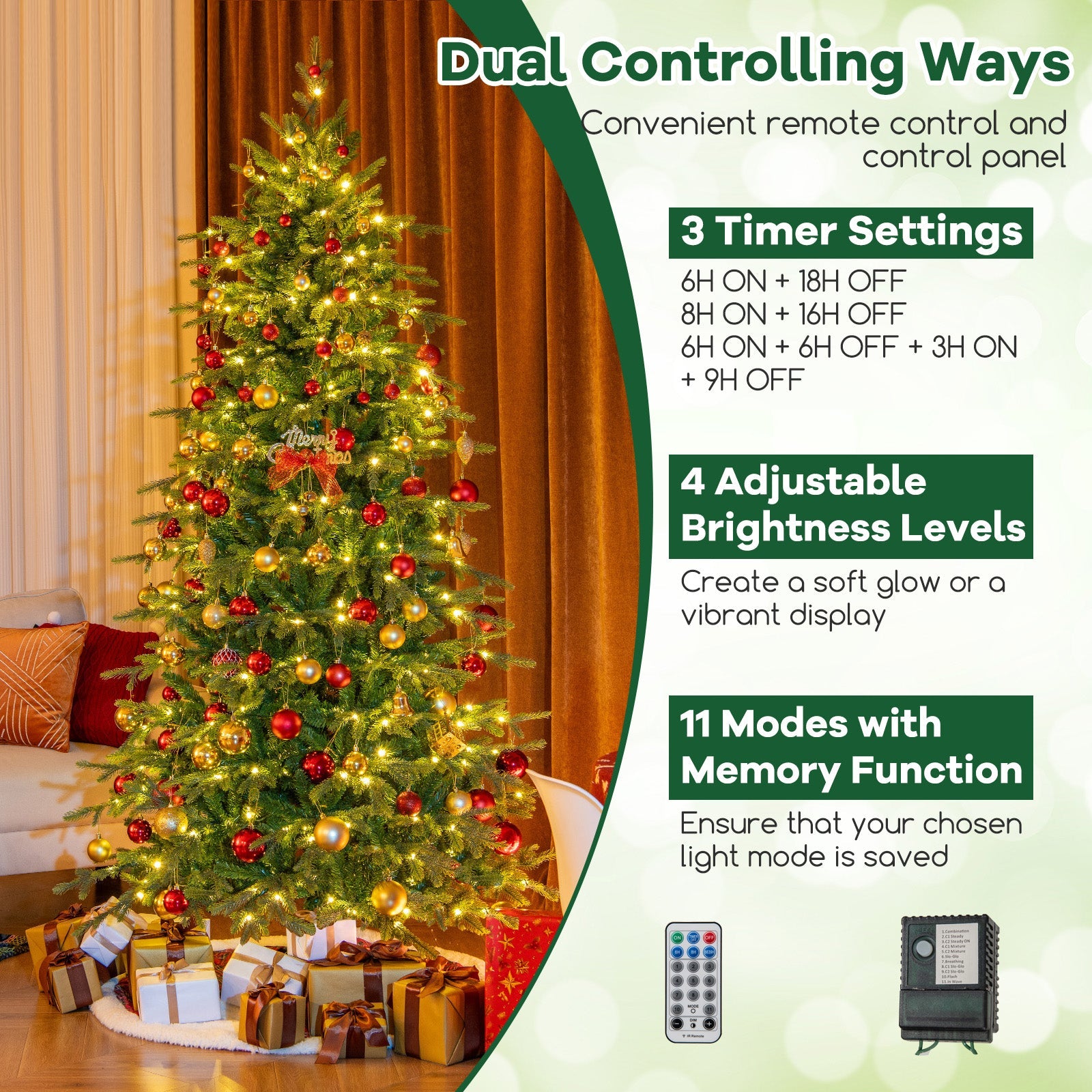 7.5 Feet Pre-Lit Artificial Christmas Tree with Warm White LED Lights