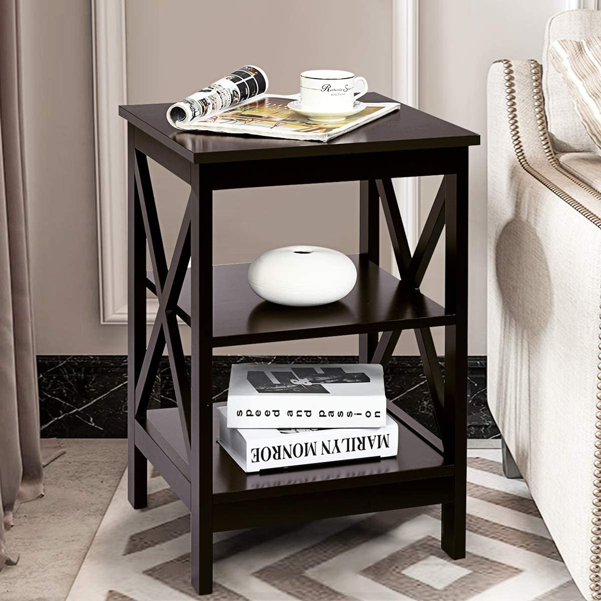 3-Tier X-Design Nightstands with Storage Shelves for Living Room Bedroom