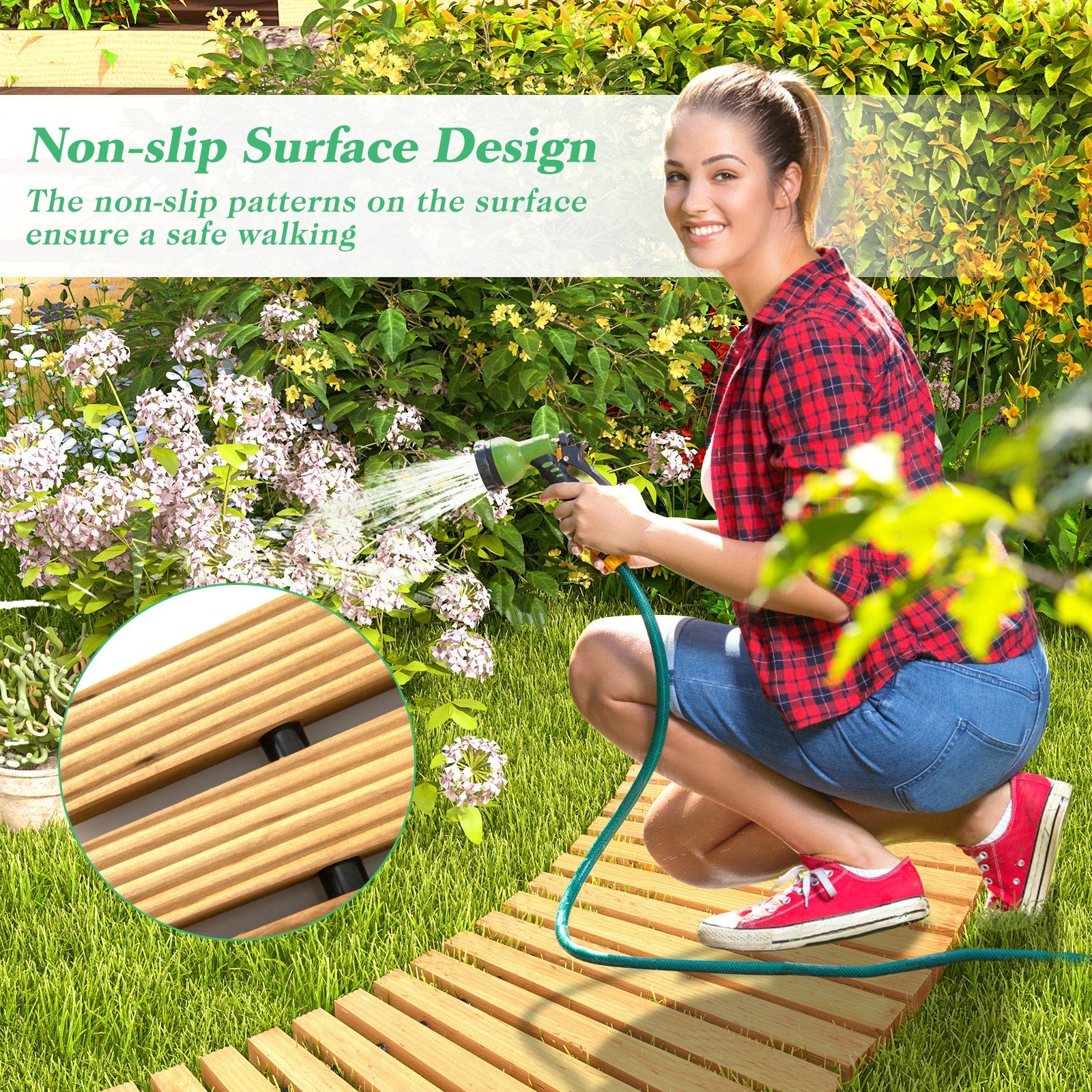 7 FT Wooden Garden Pathway Roll Out Curved Fir Wood Walkway with Anti-slip Surface-Natural