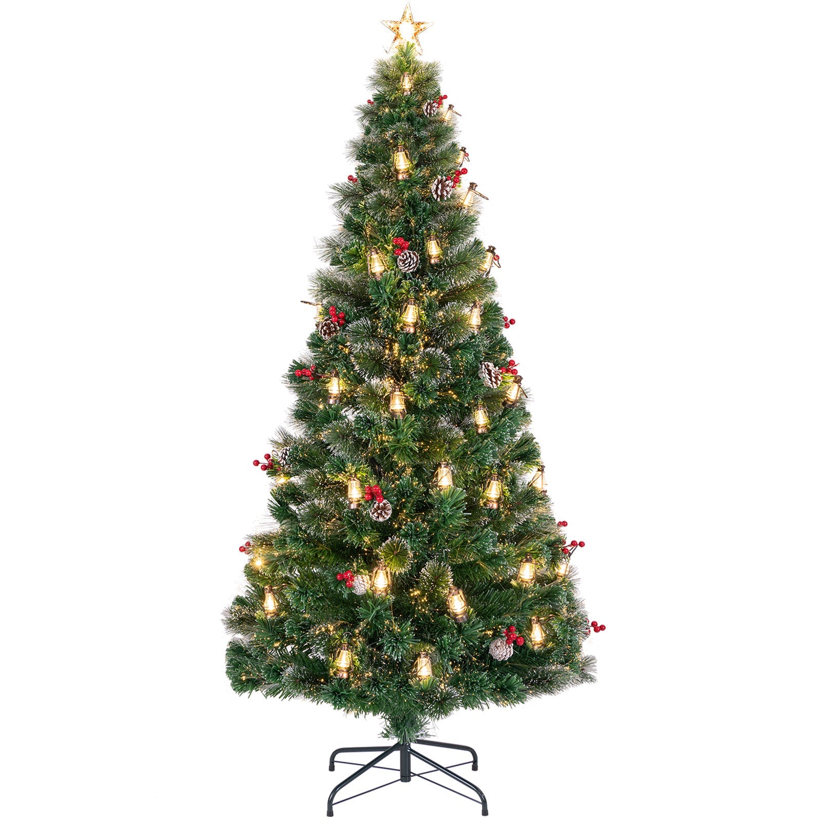 5/6/7 Feet Artificial Christmas Tree with Red Berries and Kerosene Lamps