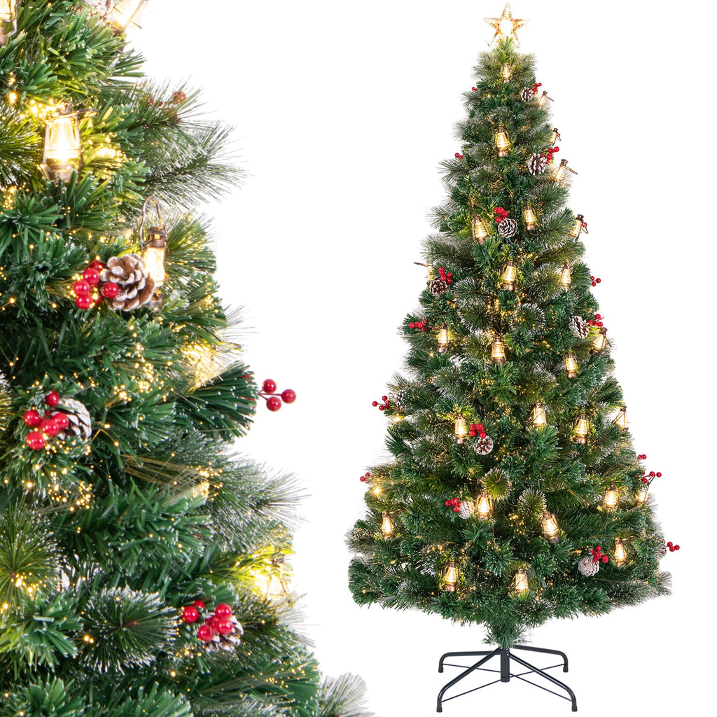 5/6/7 Feet Artificial Christmas Tree with Red Berries and Kerosene Lamps
