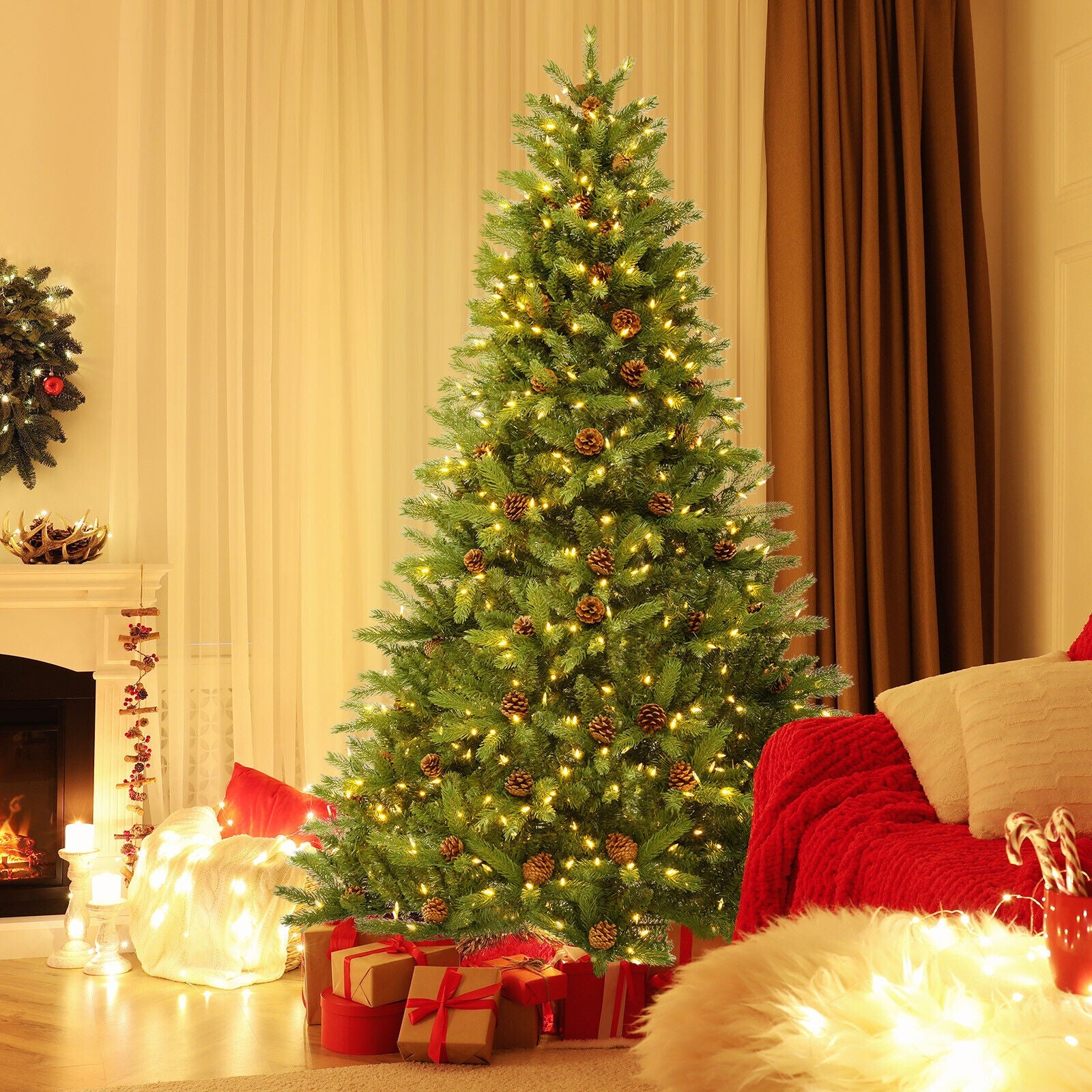 6/7 FT Artificial Christmas Tree with Pine Cones and Adjustable Brightness