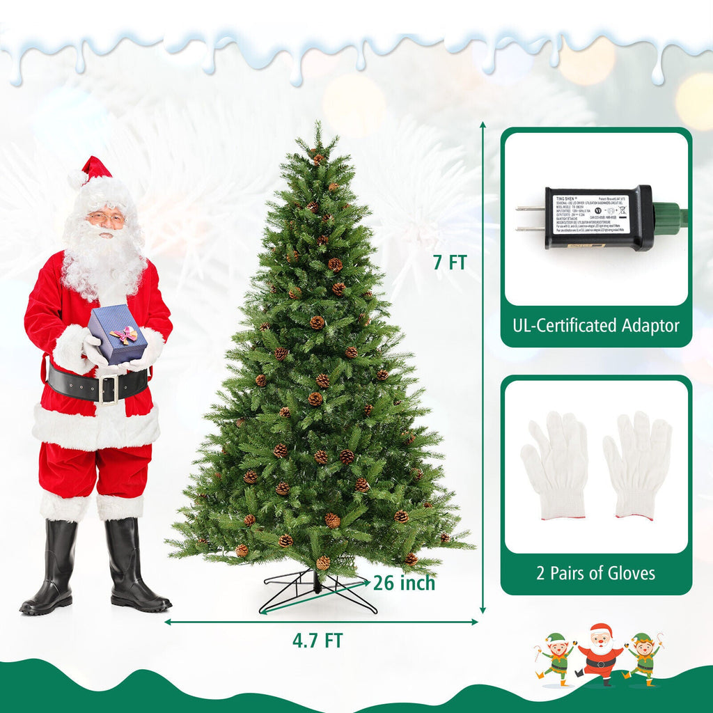 6/7 FT Artificial Christmas Tree with Pine Cones and Adjustable Brightness