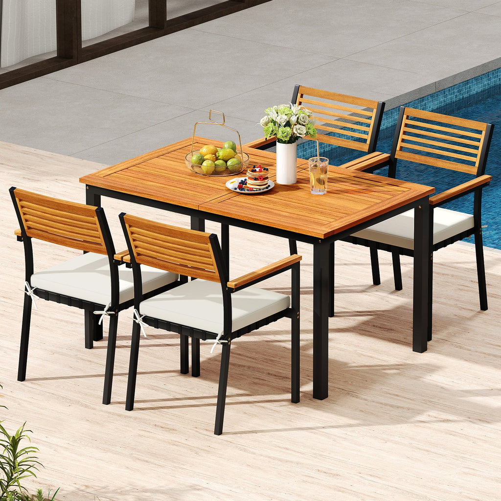 7-Piece Patio Dining Set Wood Metal with Seat Cushions and Umbrella Hole-White