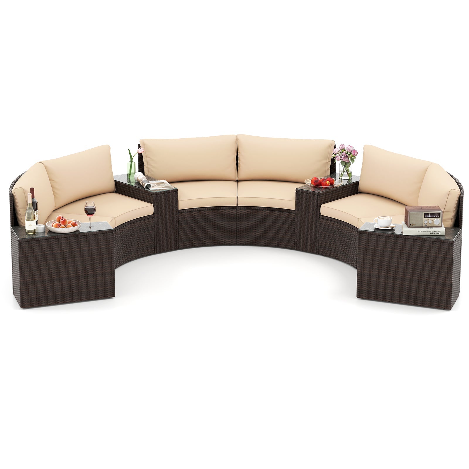7 Pieces Patio Furniture Set PE Rattan Half-Moon Curved Sofas with Side Tables-Brown