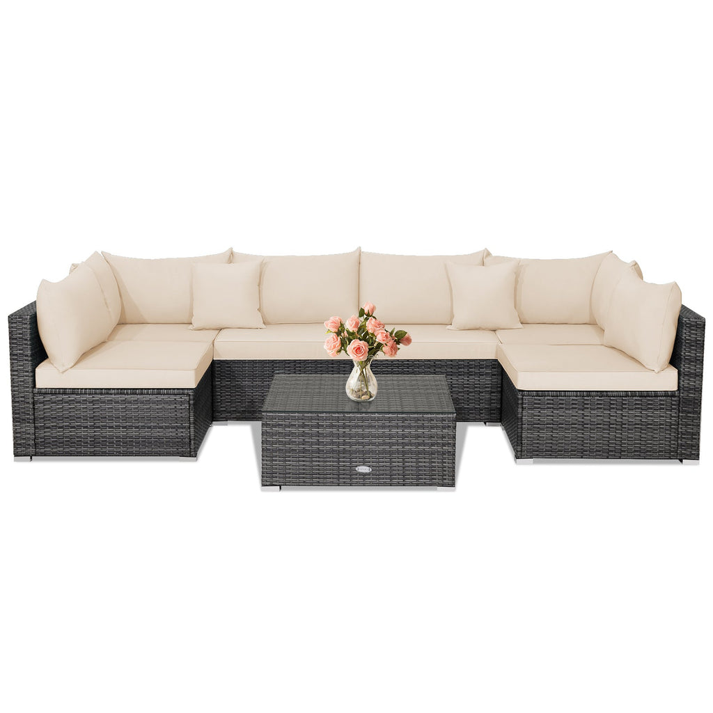 7 Pieces Patio Rattan Furniture Set Sectional Sofa Garden Cushion