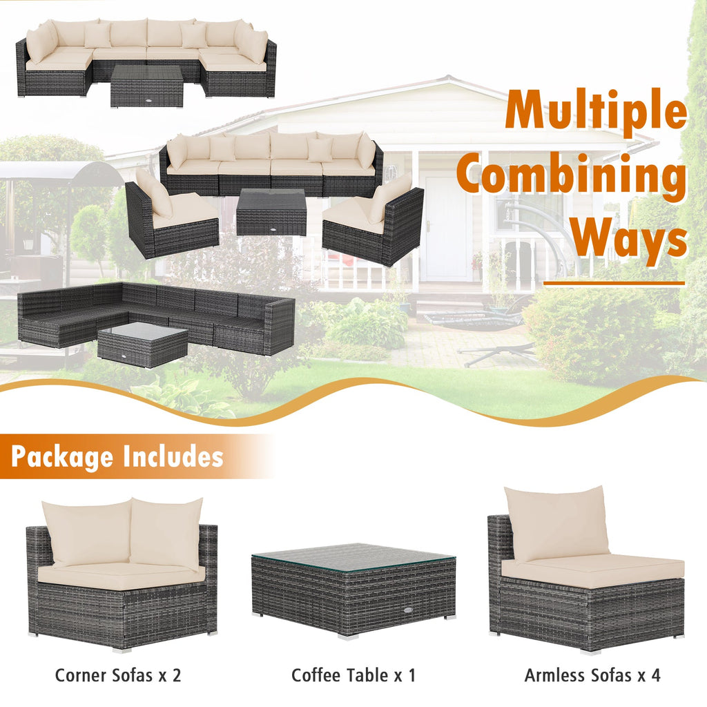 7 Pieces Patio Rattan Furniture Set Sectional Sofa Garden Cushion