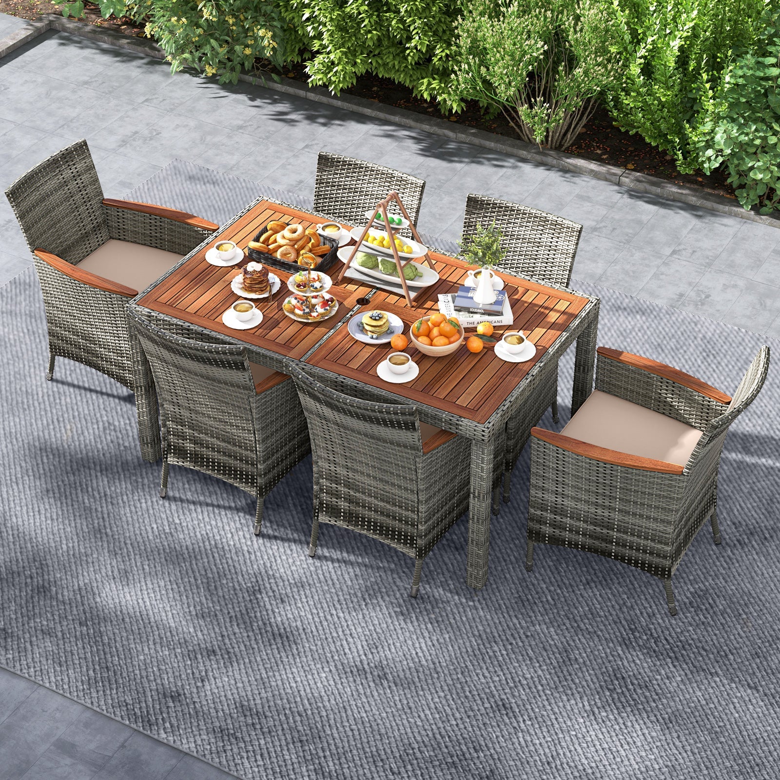 7 Pieces Patio Acacia Wood Cushioned PE Rattan Wicker Dining Set