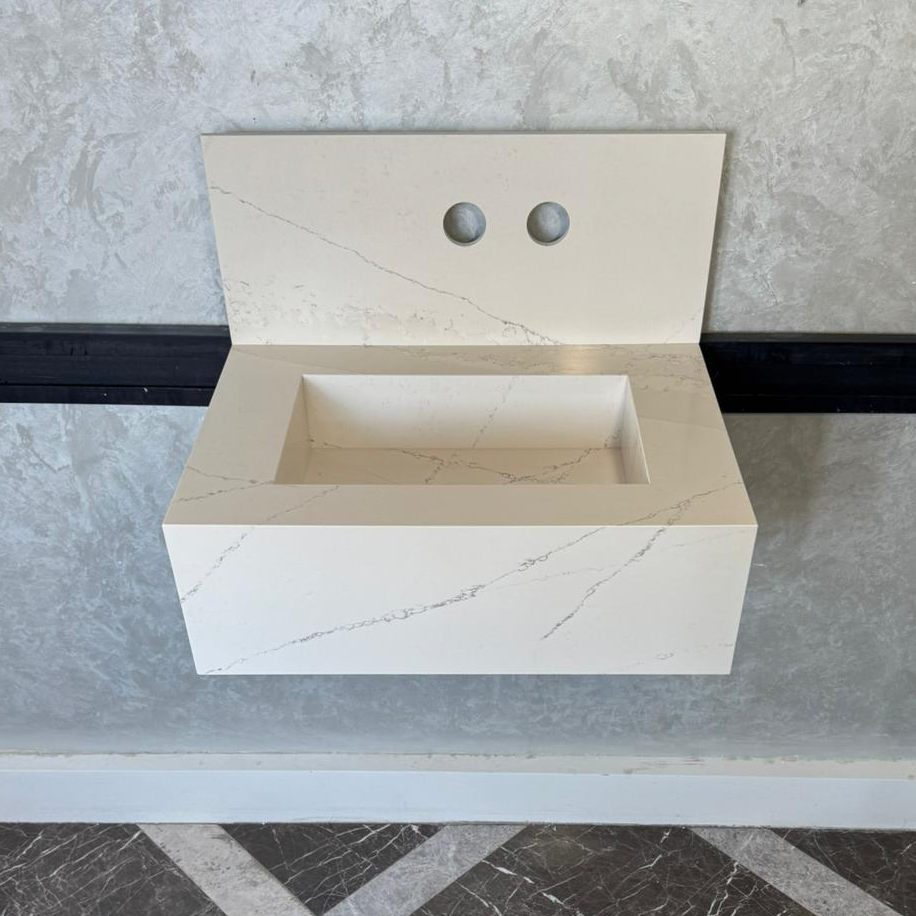 Engineered Quartz Bathroom Vessel Sink Handmade Modern Design Integrated Countertop