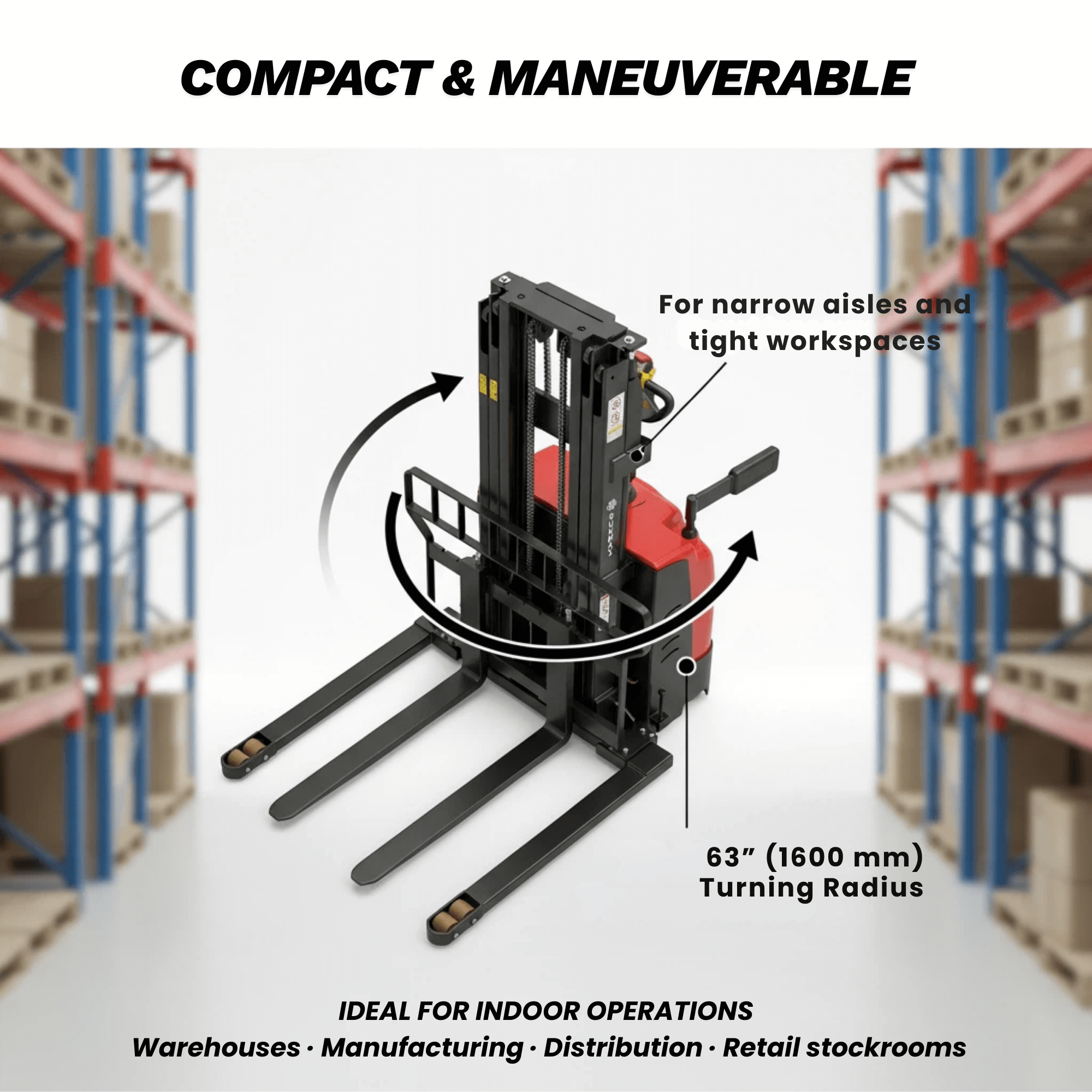PS3300FEAS-3M Full-Electric Straddle Pallet Stacker – 3,300 lb Capacity, 118" Lift, Adjustable Legs