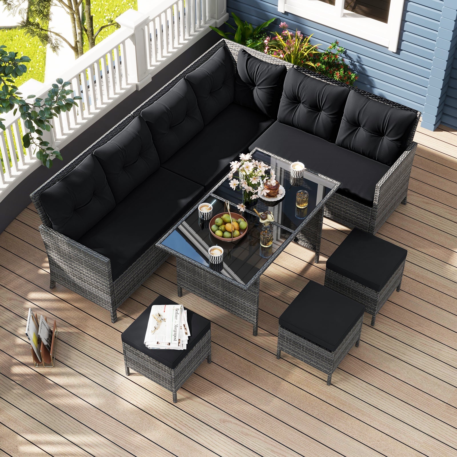 7 Pieces Patio Dining Furniture Set with Soft Cushions and Ottomans