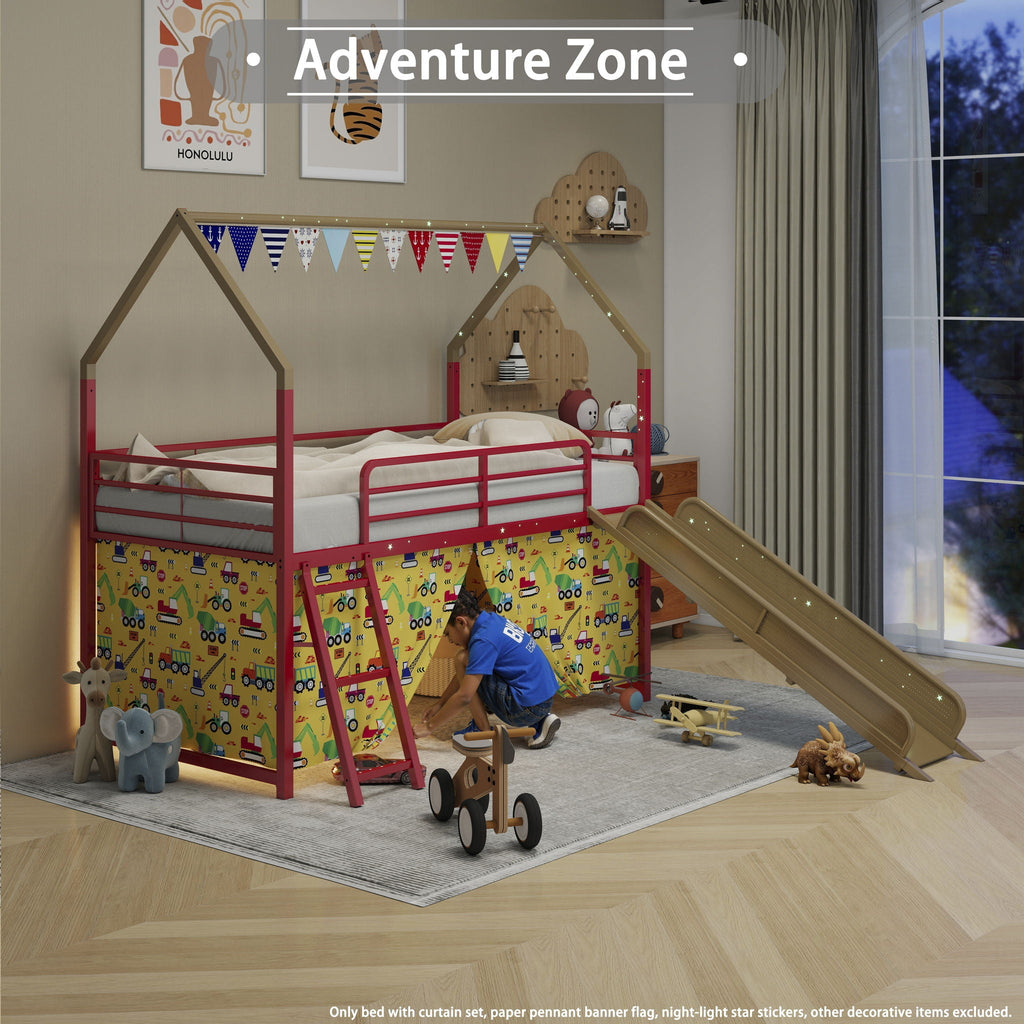 Jack - House Loft Bed With Slide And Curtain Set