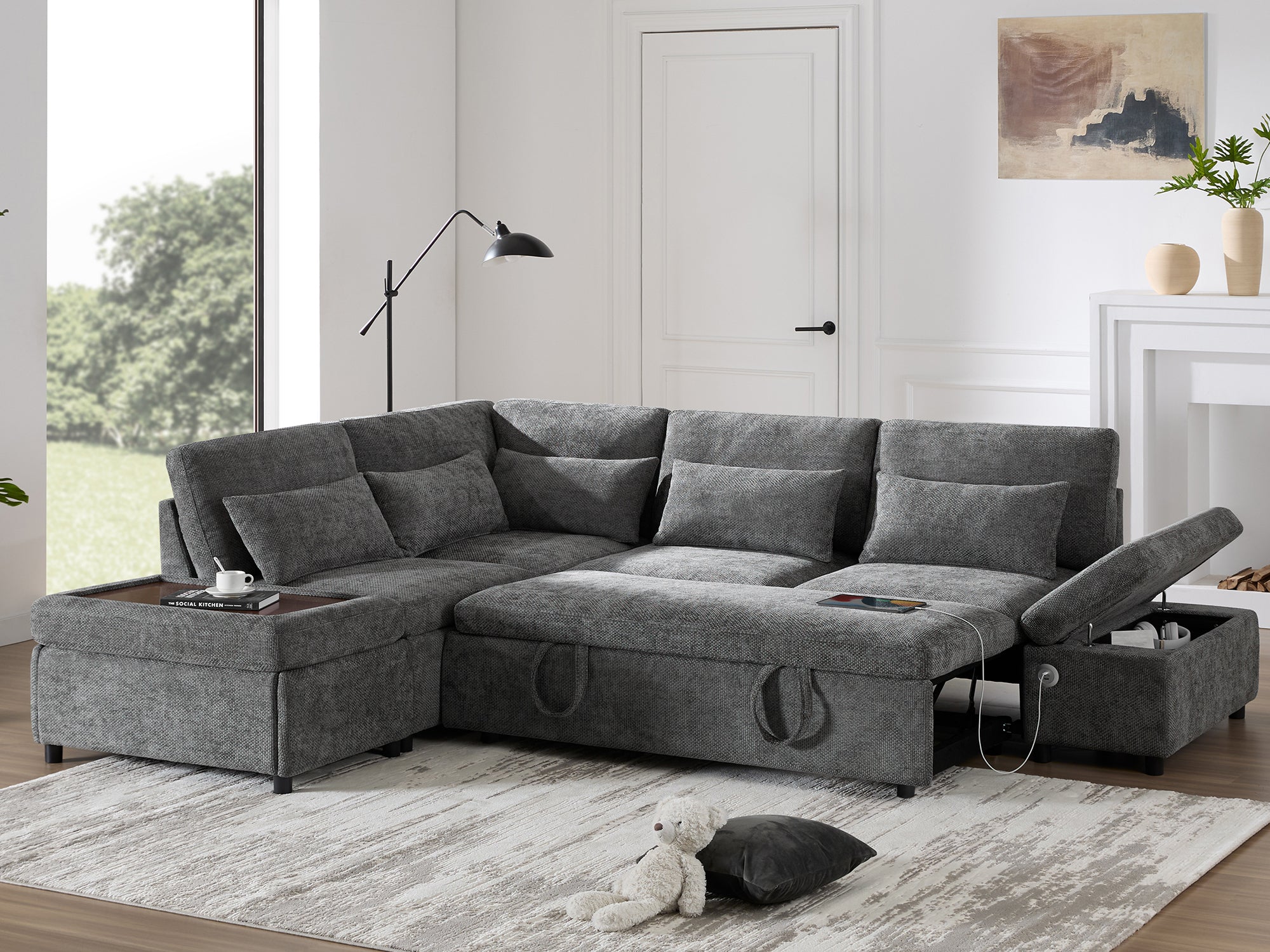 Sofa Bed L-Shape Chenille Gray 6 Seat Pull-Out USB Ports 107 In
