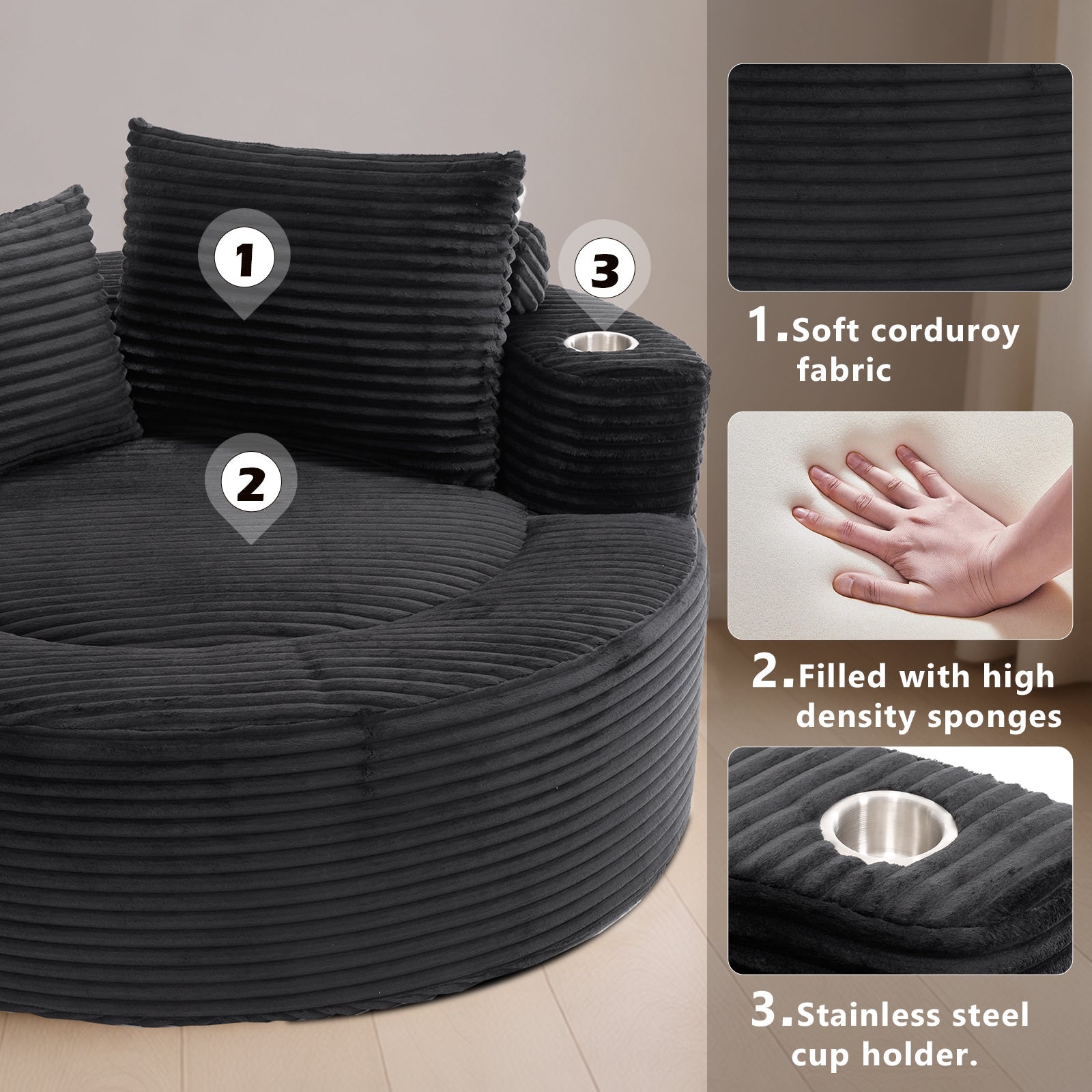 55" Round Memory Foam Velvet Sofa Bed with Cup Holder