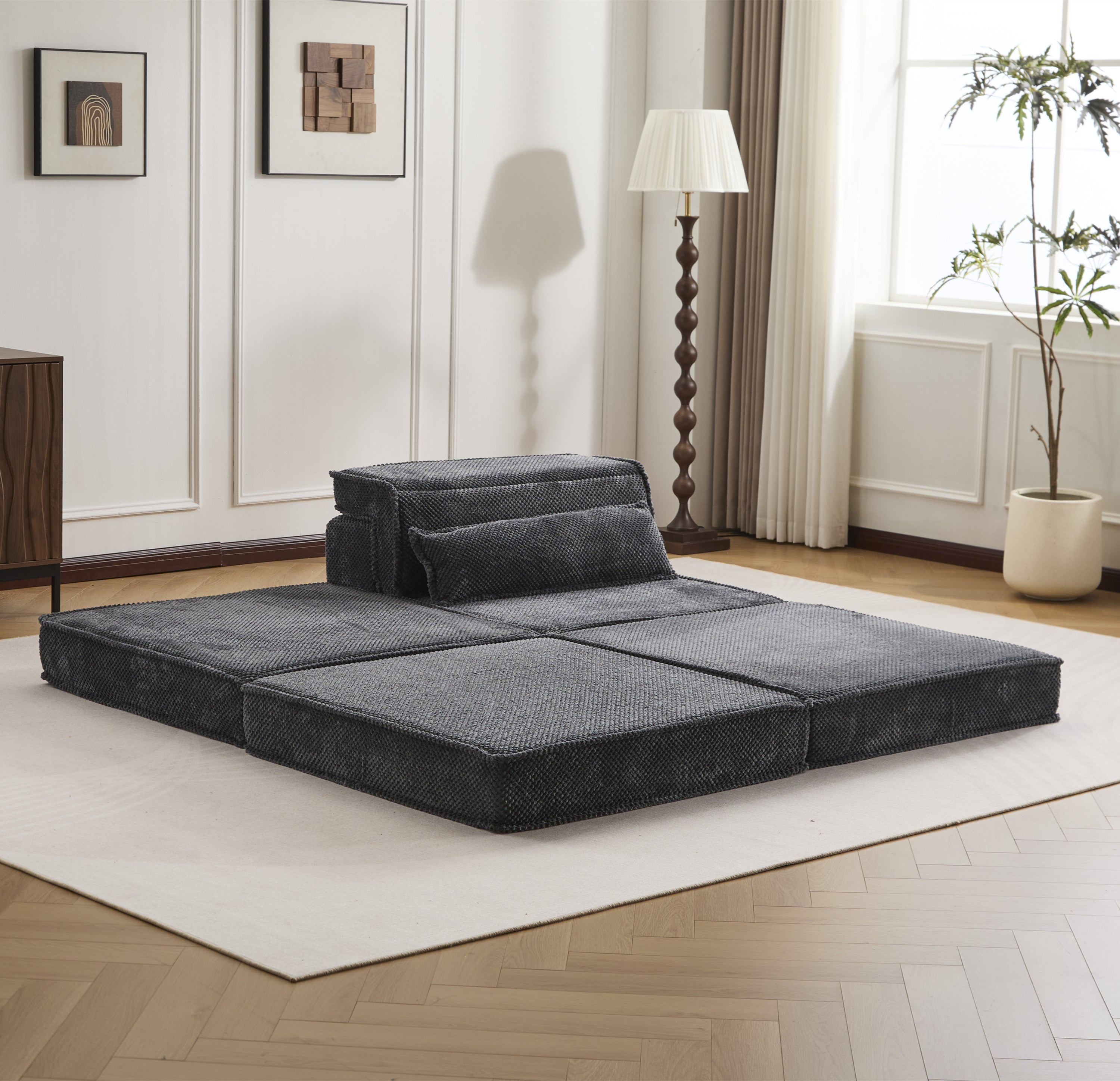 Sofa Convertible Modular Circle Fleece Dark Gray 1 Seat 79 In Ottoman