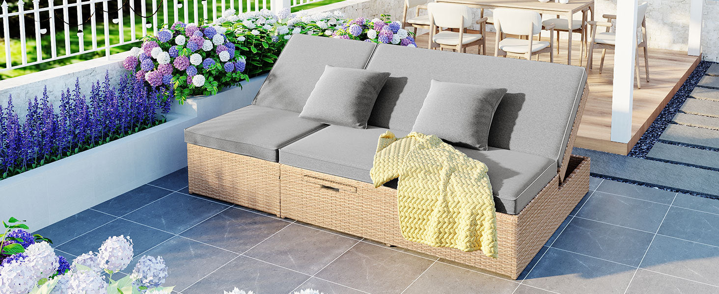 Outdoor Double Sunbed, Wicker Rattan Patio Reclining Chairs with Adjustable
