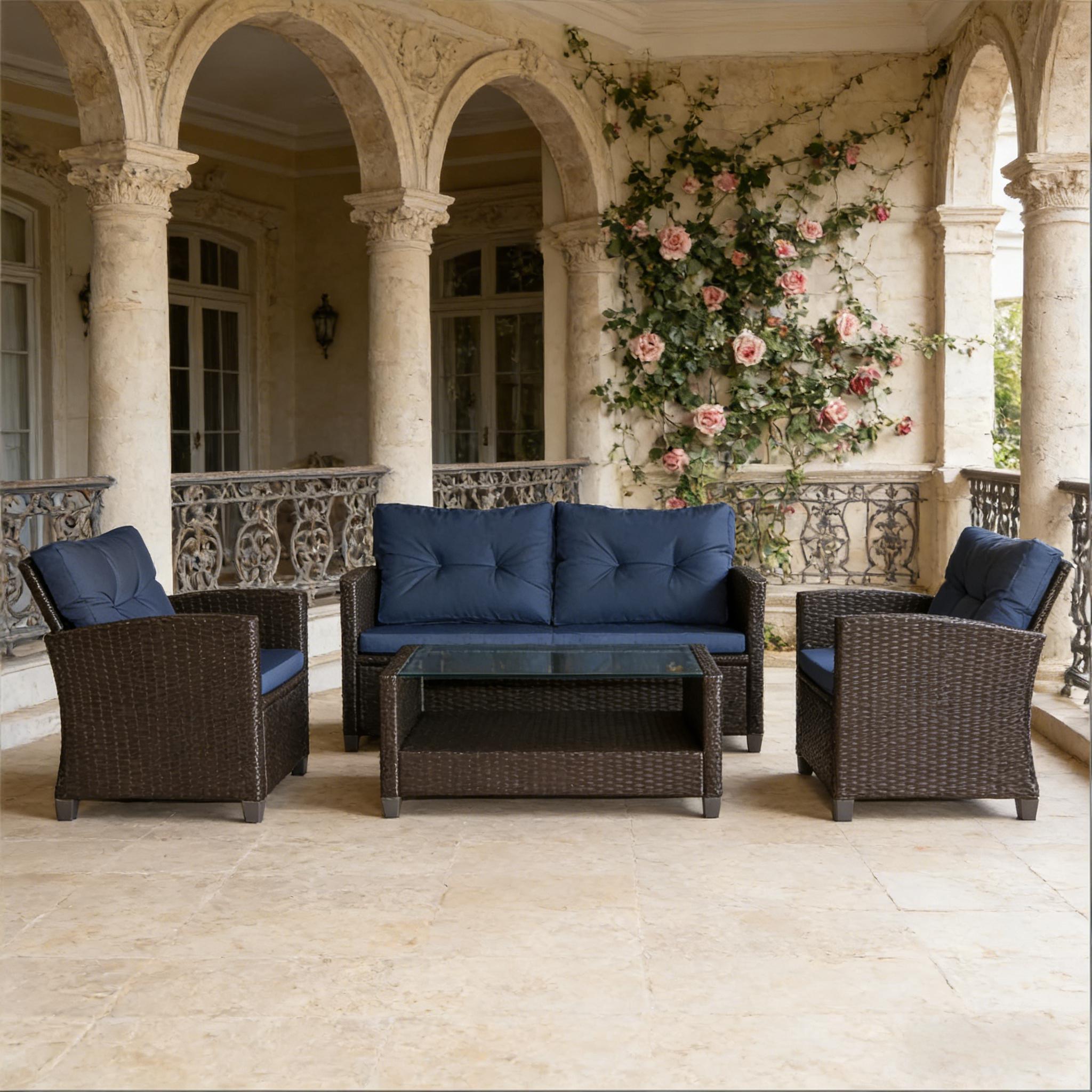 Outdoor Sectional Set PE Wicker Steel Coffee Blue Cushion 4 Piece Seats 4
