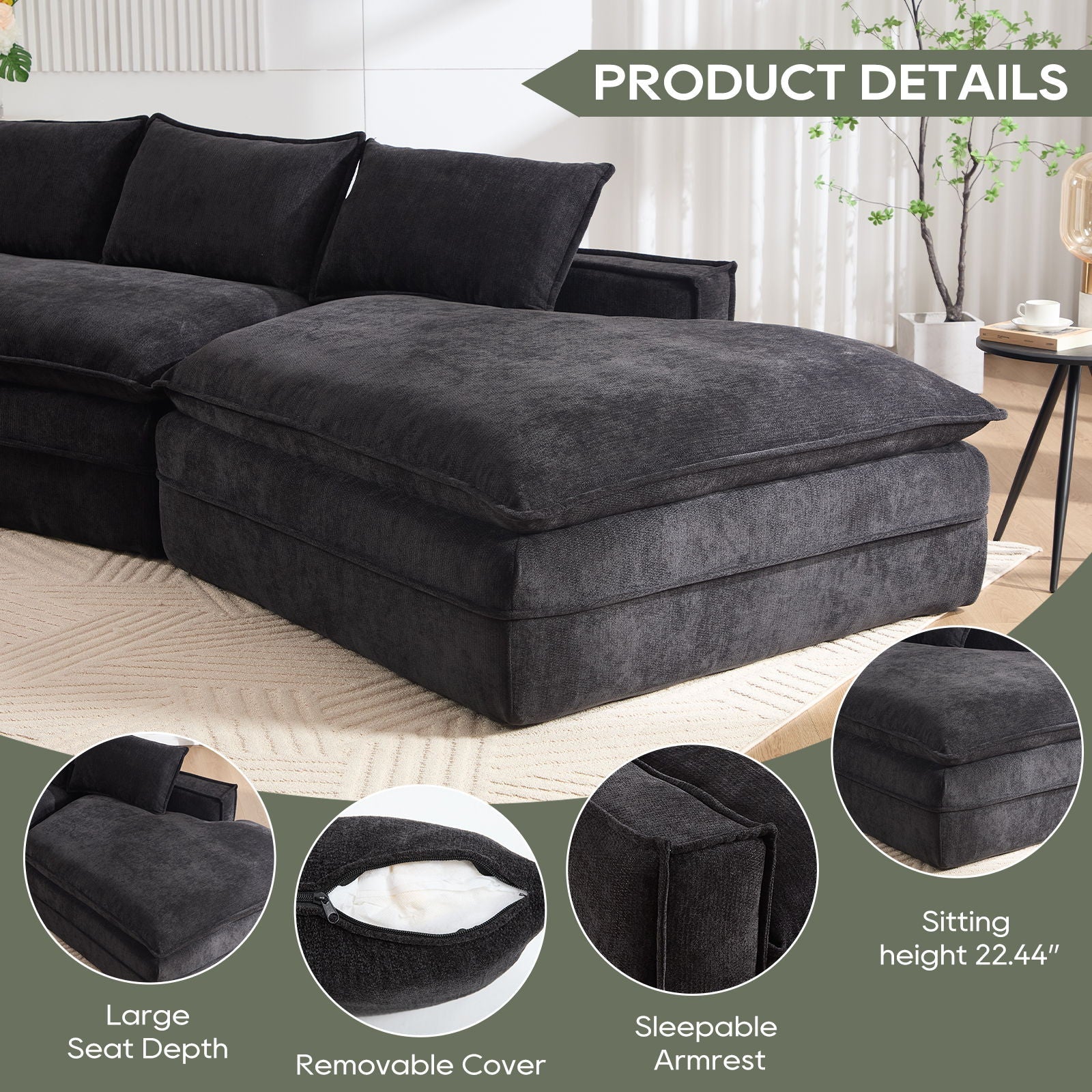 Modern Minimalist Modular Sectional Sofa With Deep Seats And Right Facing Chaise
