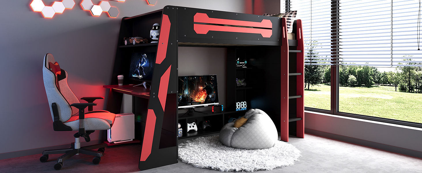 Twin Size Wood Loft Bed with Desk, Multi-storage Shelves and RGB Light, Red