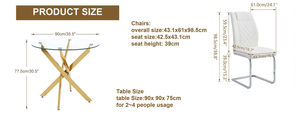 Round Glass Dining Table Set for 4, 35.5' Glass Dining Table with Gold Legs,