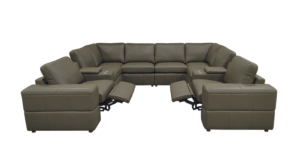 Sectional Sofa Modular Leather Match Olive 8 Seat 2 Recliners 128 In