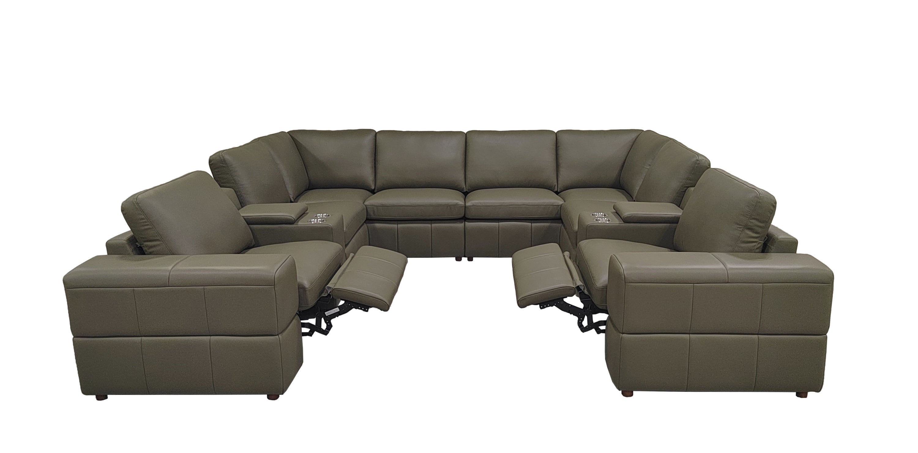 Sectional Sofa Modular Leather Match Olive 8 Seat 2 Recliners 128 In
