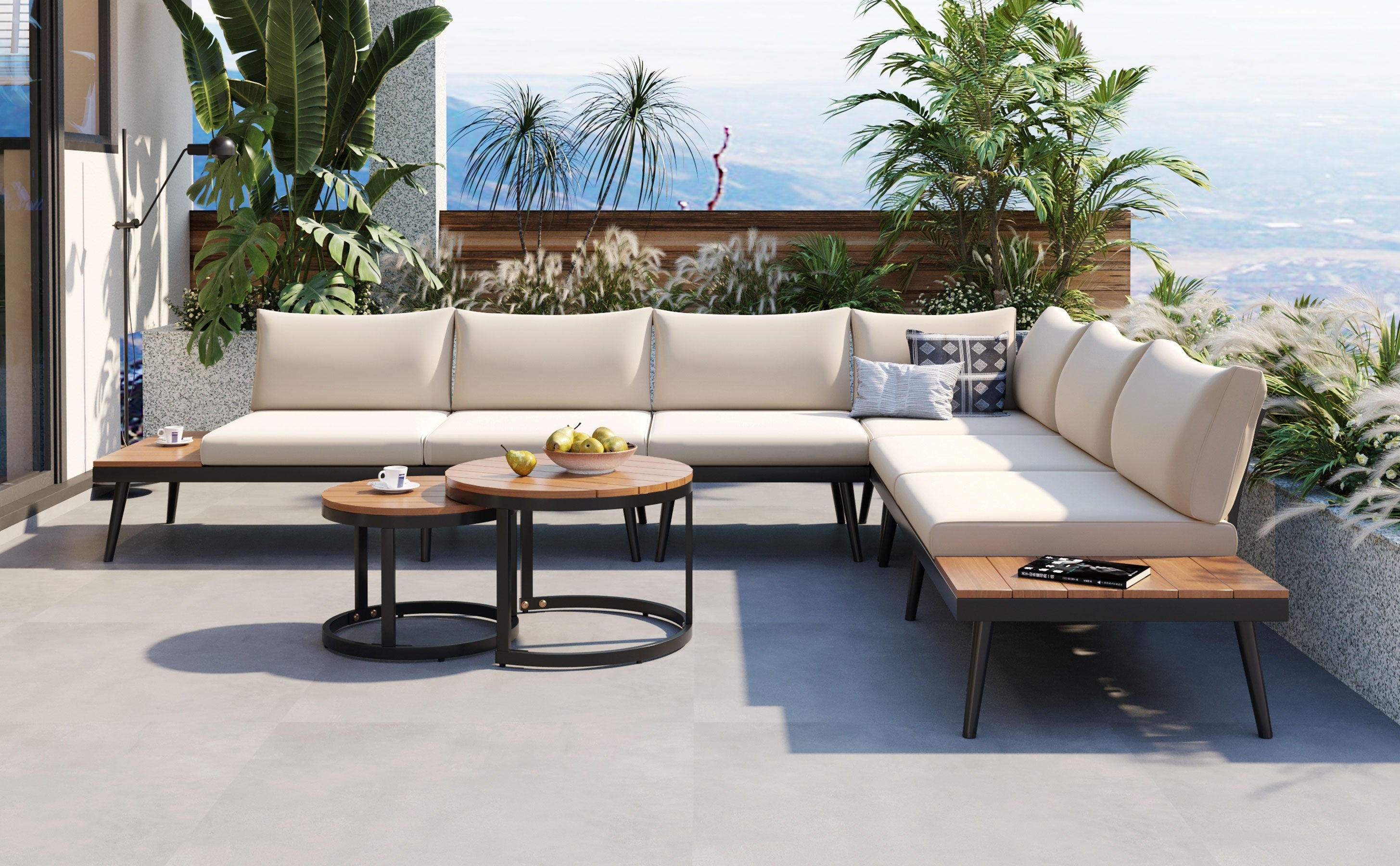 Outdoor Sectional Set Acacia Wood Steel Beige Cushion 6 Piece Seats 5
