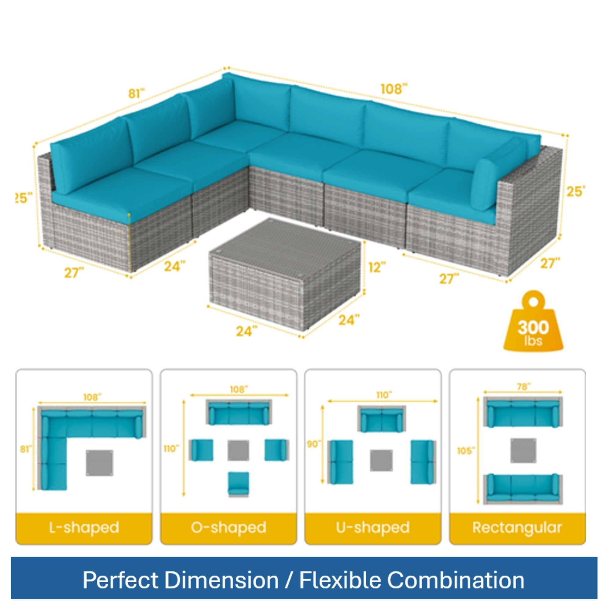 7 Piece Outdoor Sectional Set PE Rattan Gray Blue