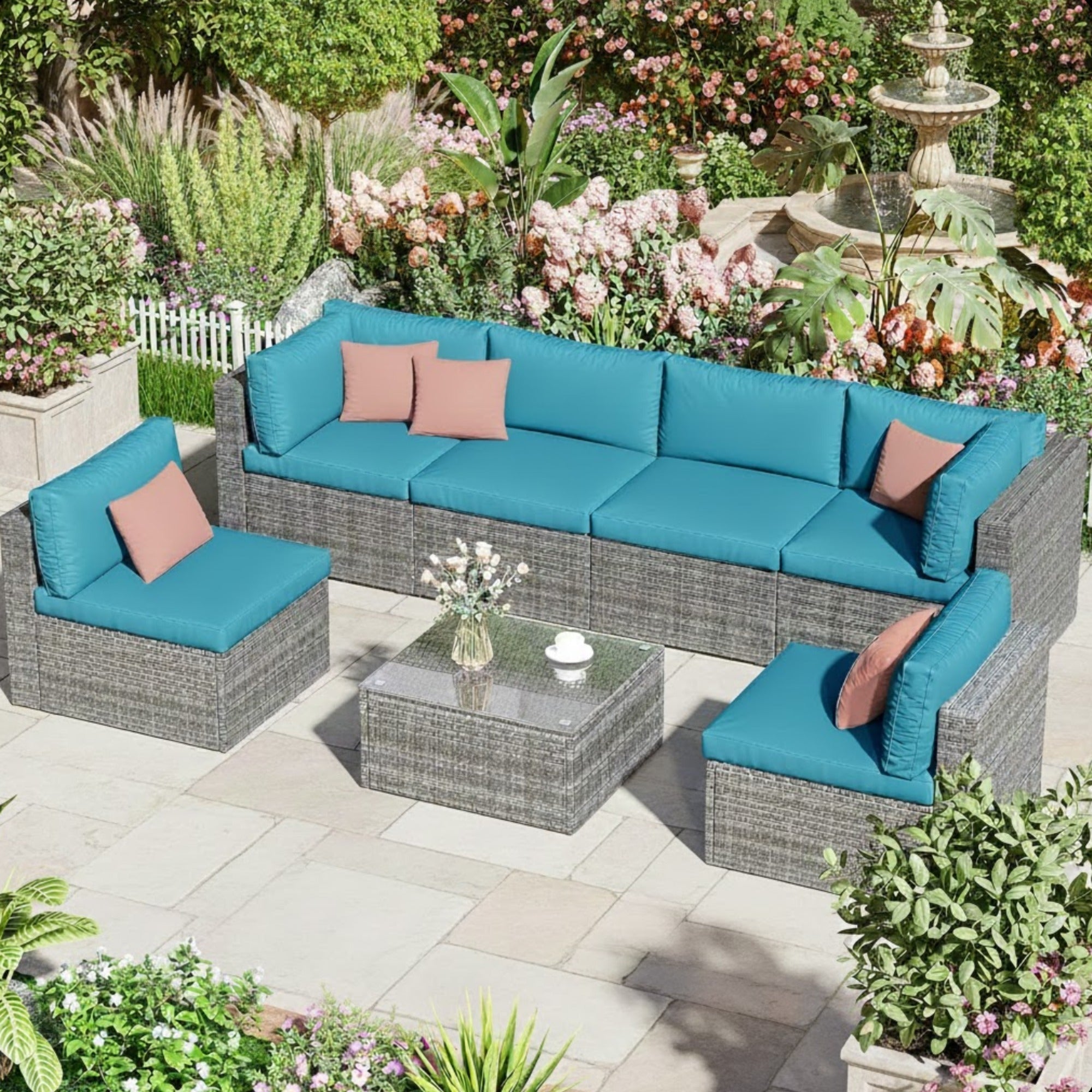 7 Piece Outdoor Sectional Set PE Rattan Gray Blue