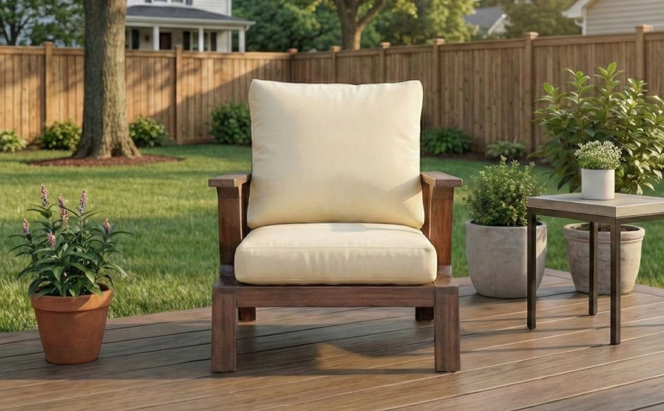 Outdoor Accent Chair Acacia Wood Dark Brown Beige Cushion 27.6in