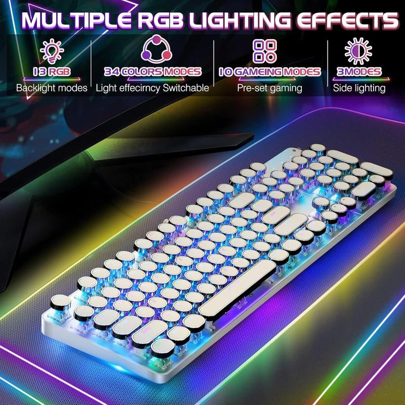 Typewriter Style Mechanical Gaming Keyboard RGB Backlit Wired with Blue Retro round Keycap 104 Keyboard (White 104 RGB)