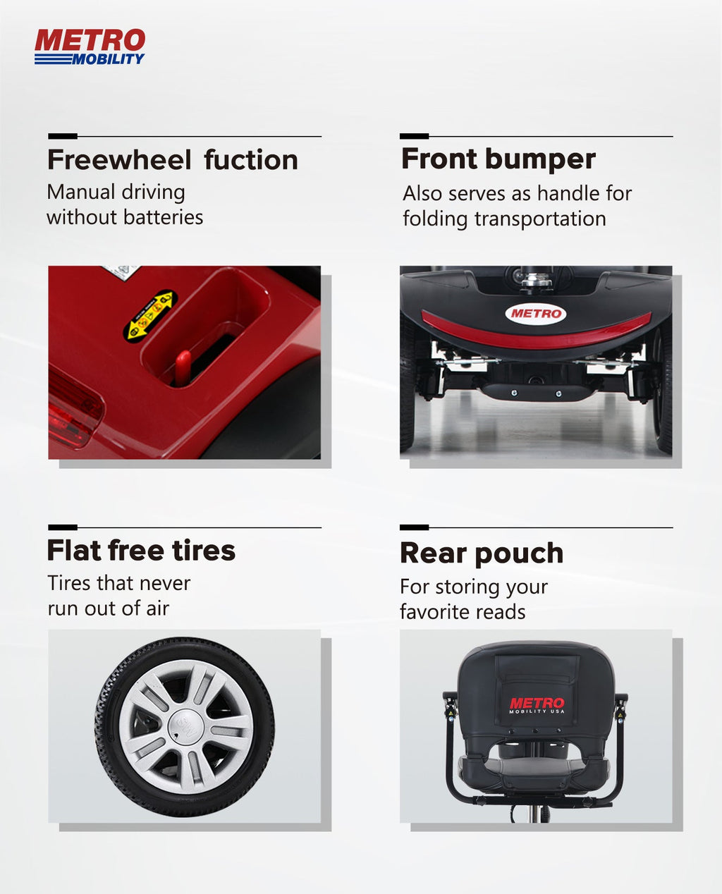 Mobility Scooter 4-Wheel Compact Metal Red 300 LB 10 Mile Rear Suspension