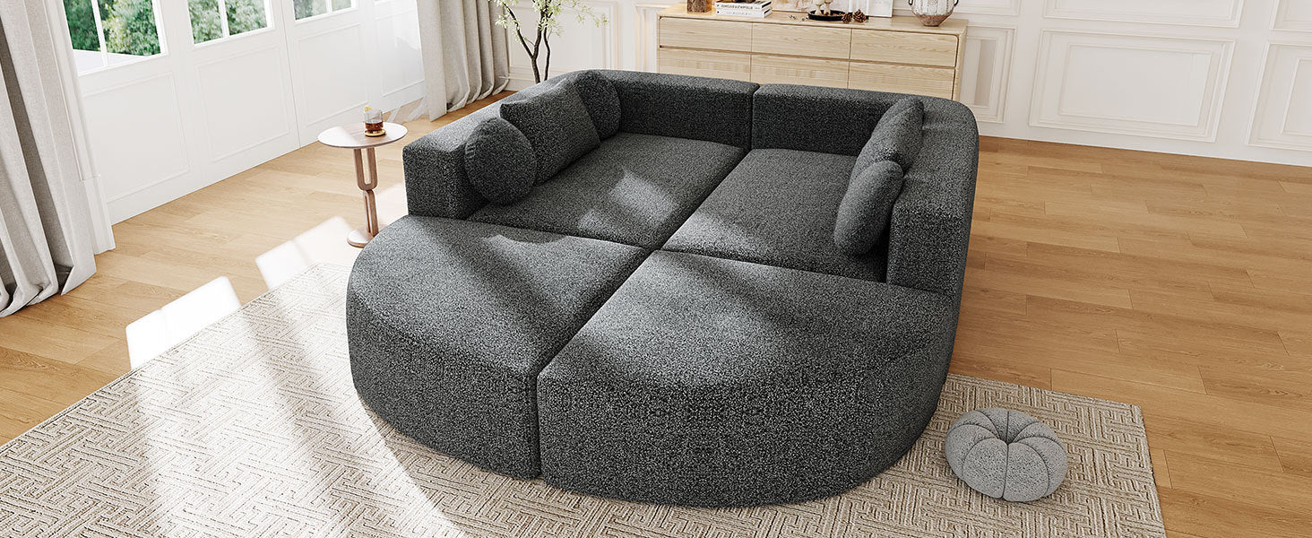 Sectional Sofa U-Shape Modular Boucle Black 6-Seat Deep Seating 114.9x64.5 In