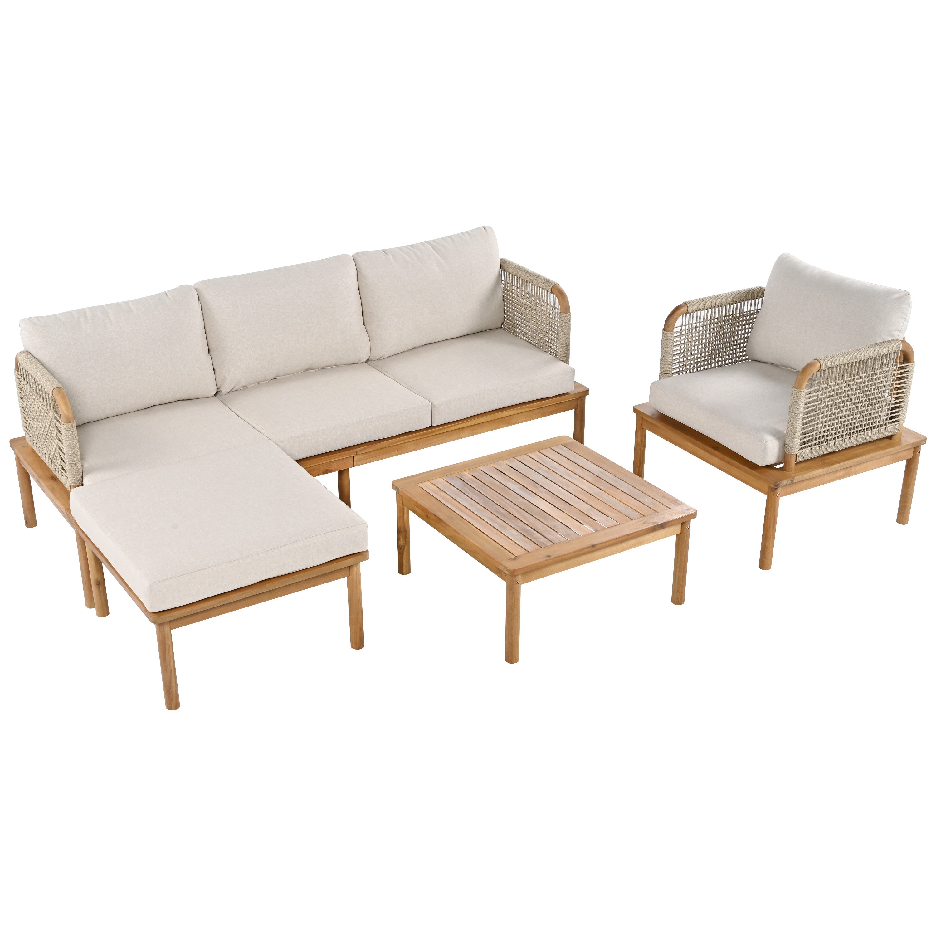 Outdoor Sofa Set Acacia Wood Rope 4 Piece Teak Beige