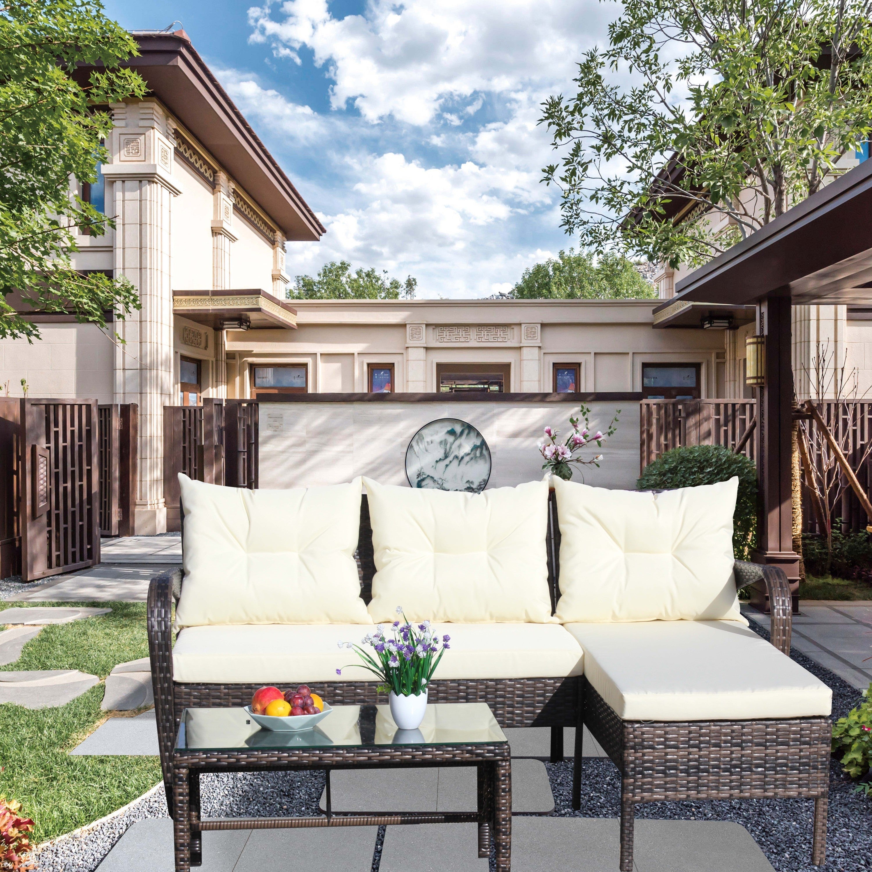 Outdoor Sectional Set PE Rattan Steel Brown Beige Cushion 3 Piece 560 LB