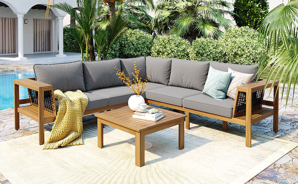 Outdoor Sofa Set Acacia Wood Rope Gray Cushion 4 Piece L-Shape Seats 6
