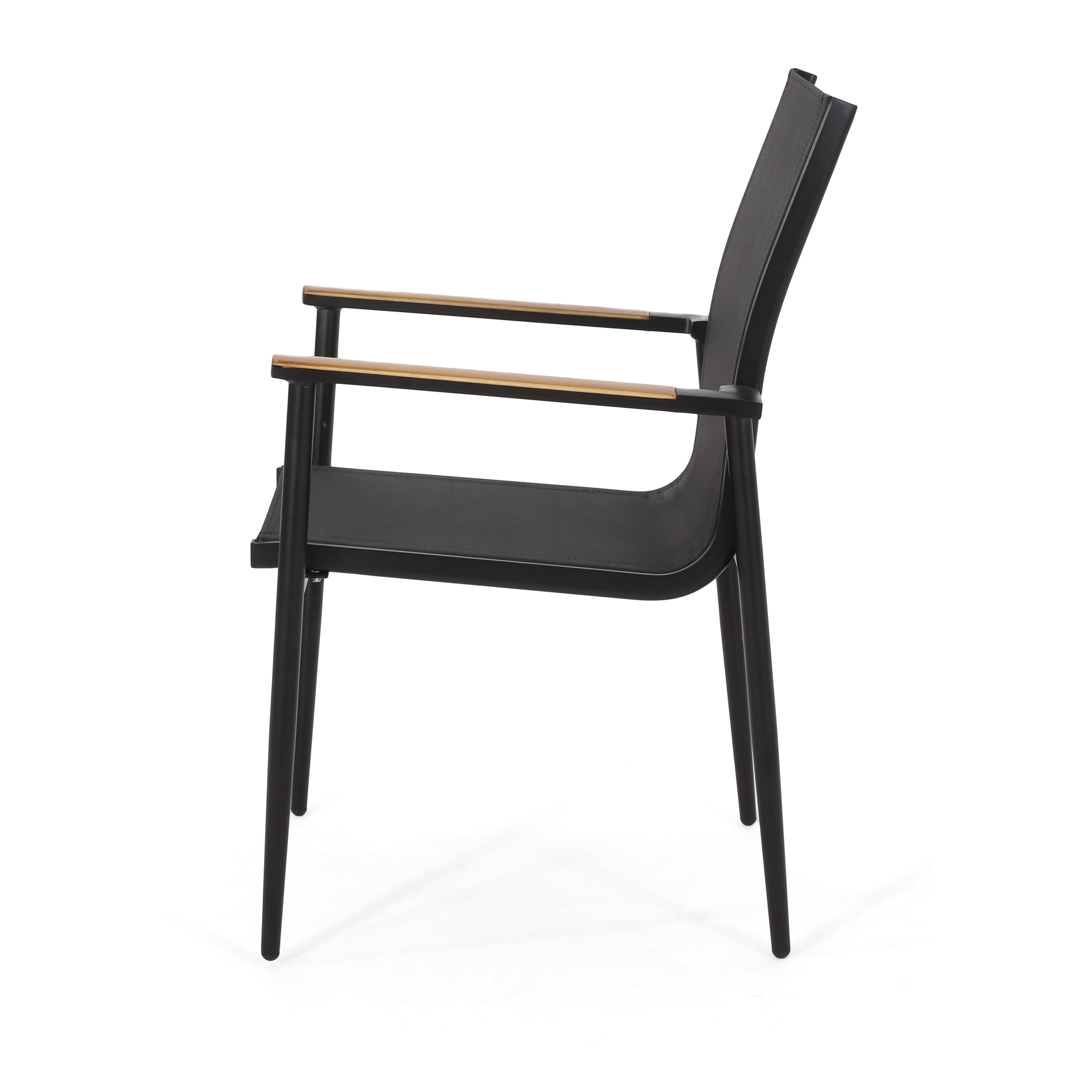 Dining Chair Outdoor Aluminum Mesh Black Natural Faux Wood Accent 22x25x36 In