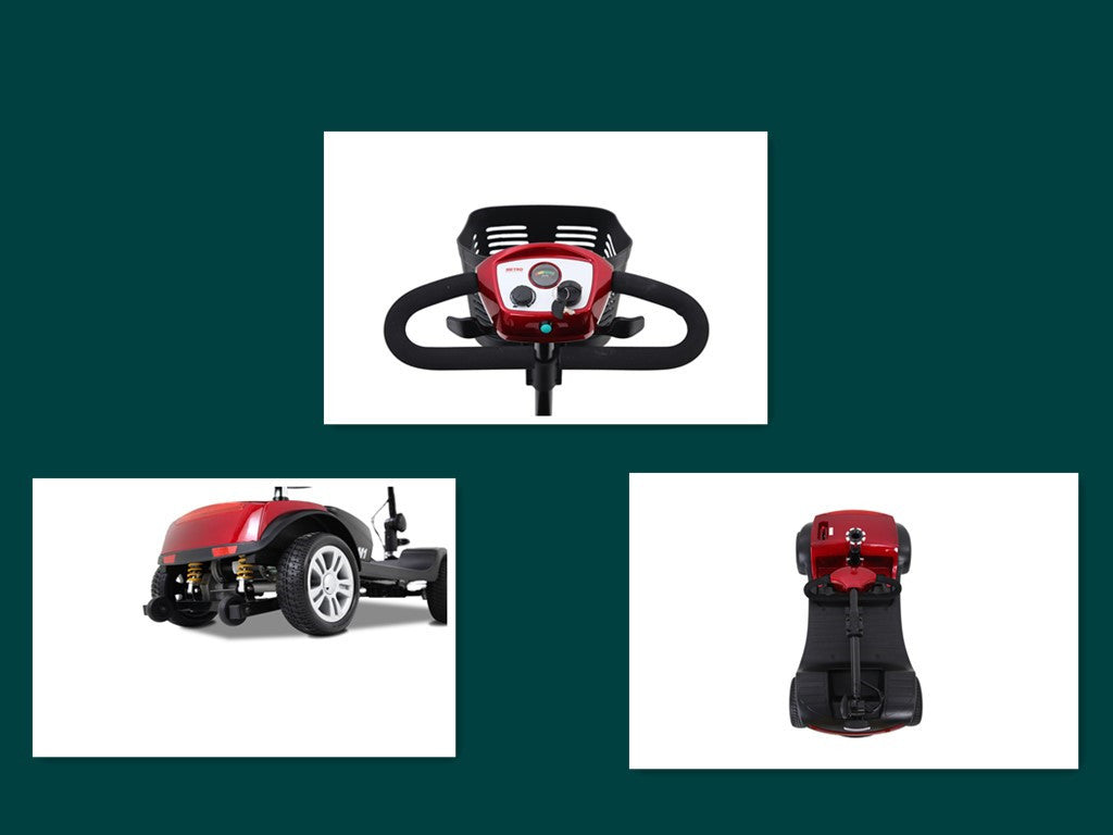 Mobility Scooter 4-Wheel Compact Metal Red 300 LB 10 Mile Rear Suspension