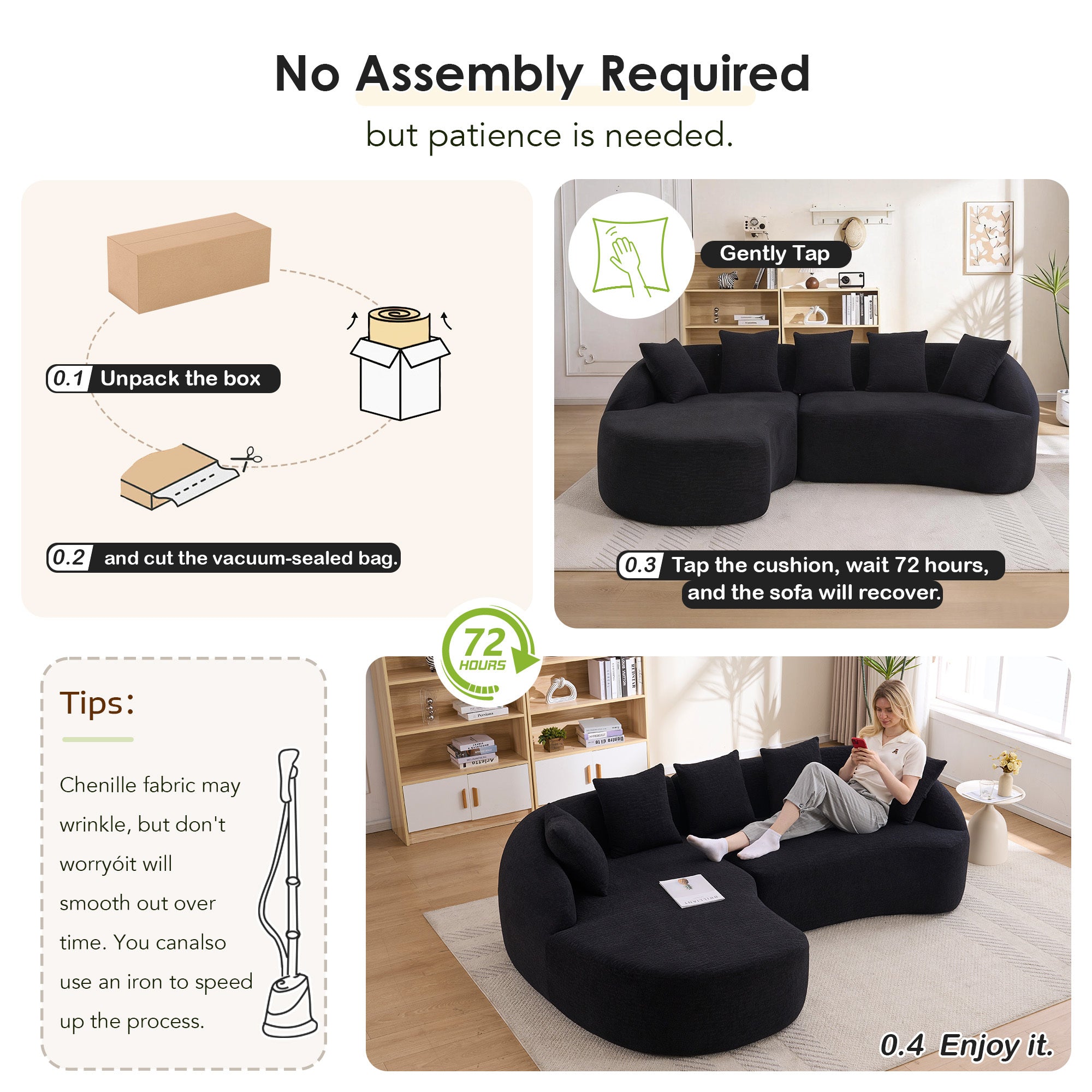 Sectional Sofa L-Shape Curved Chaise Chenille Black 5 Seat 106 In