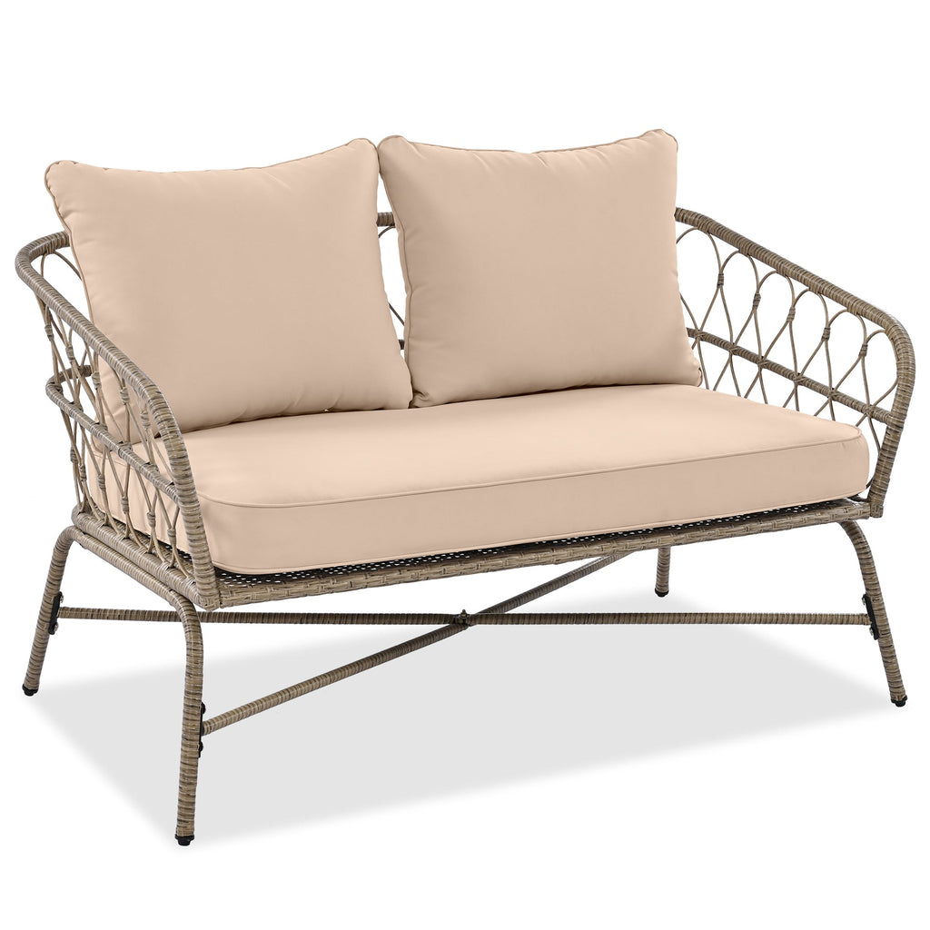 Outdoor Patio Set Wicker Boho Beige Cushion Oval Acacia Table 4 Piece