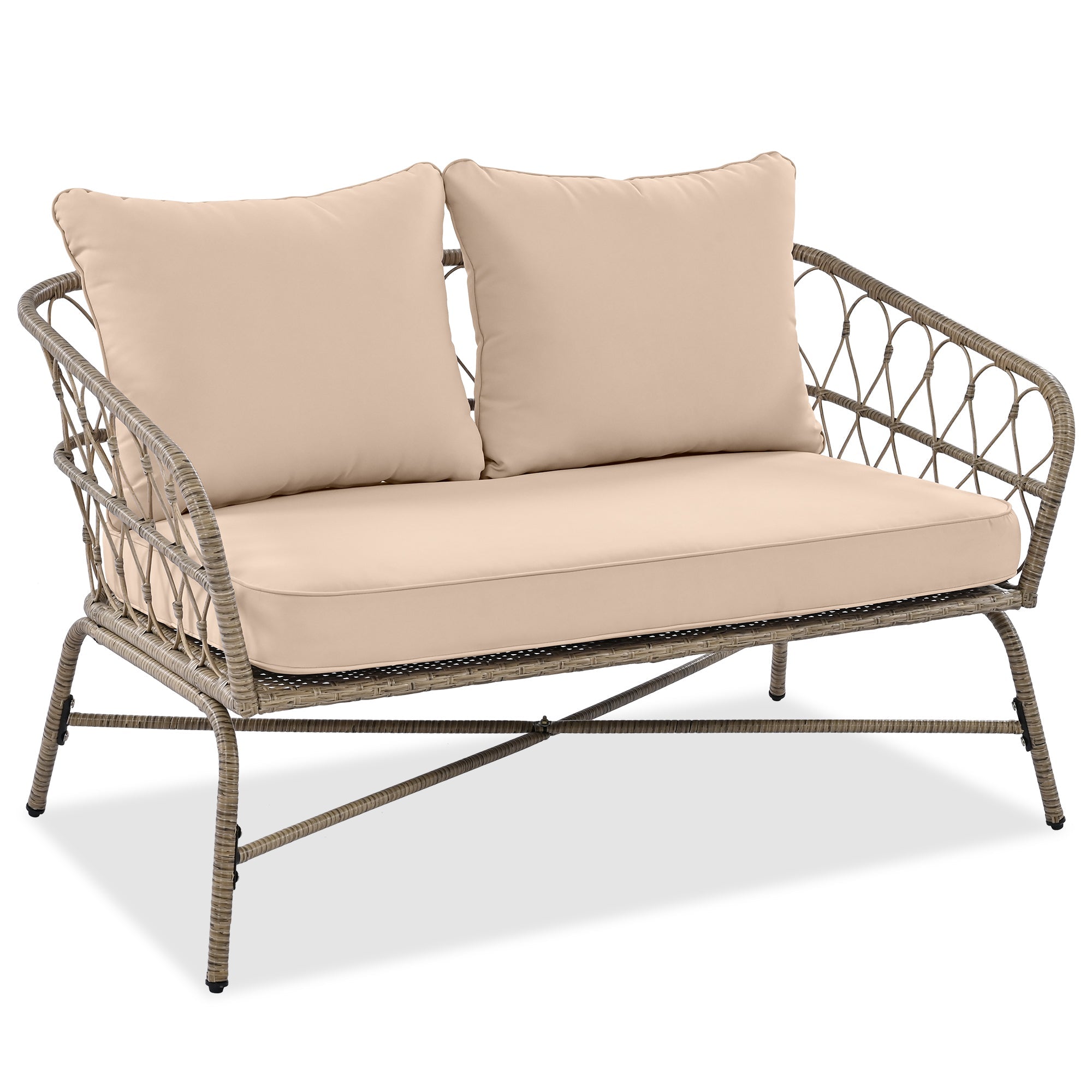 Outdoor Patio Set Wicker Boho Beige Cushion Oval Acacia Table 4 Piece