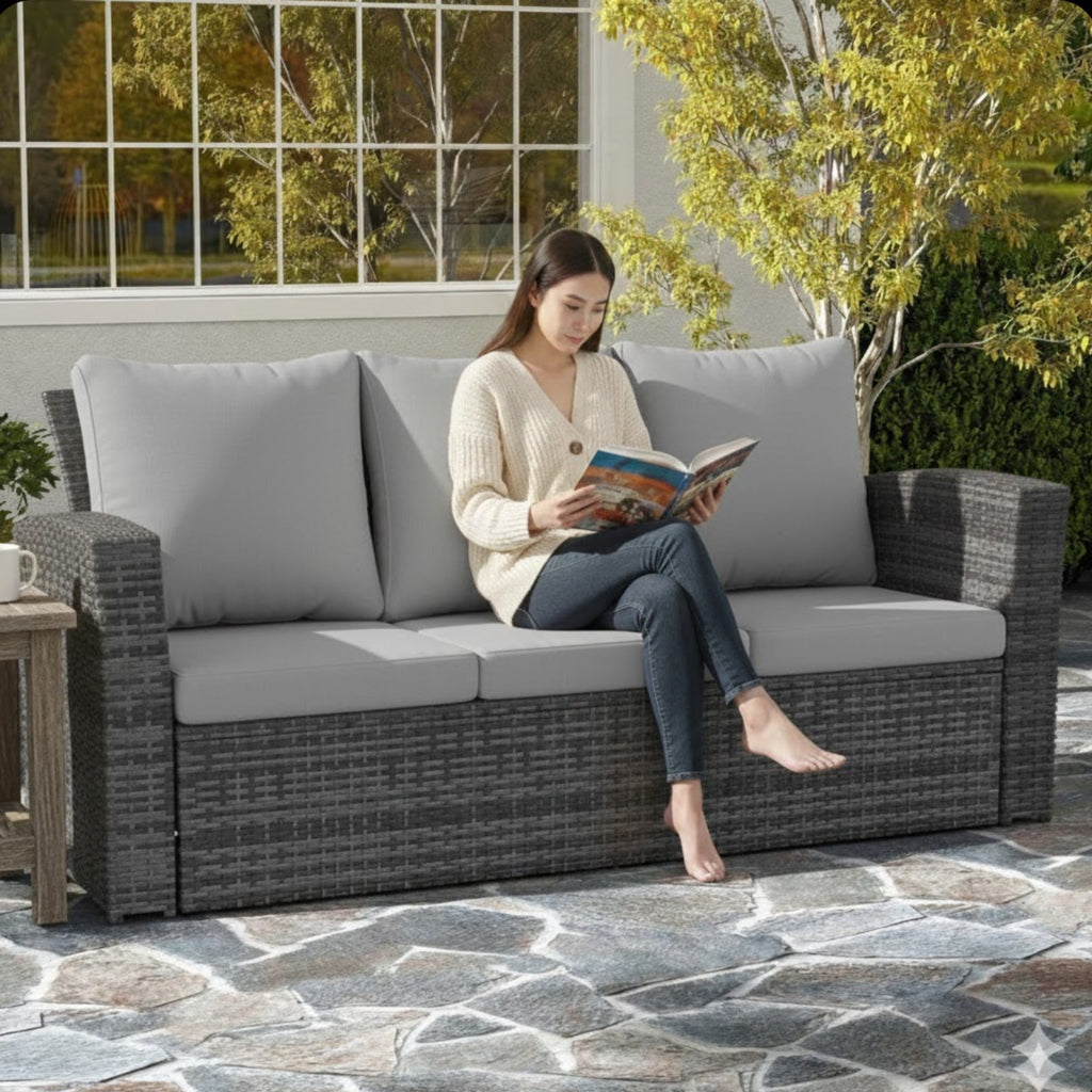 Outdoor Sofa PE Rattan 3 Seat Gray Cushions Black Iron Frame 68in