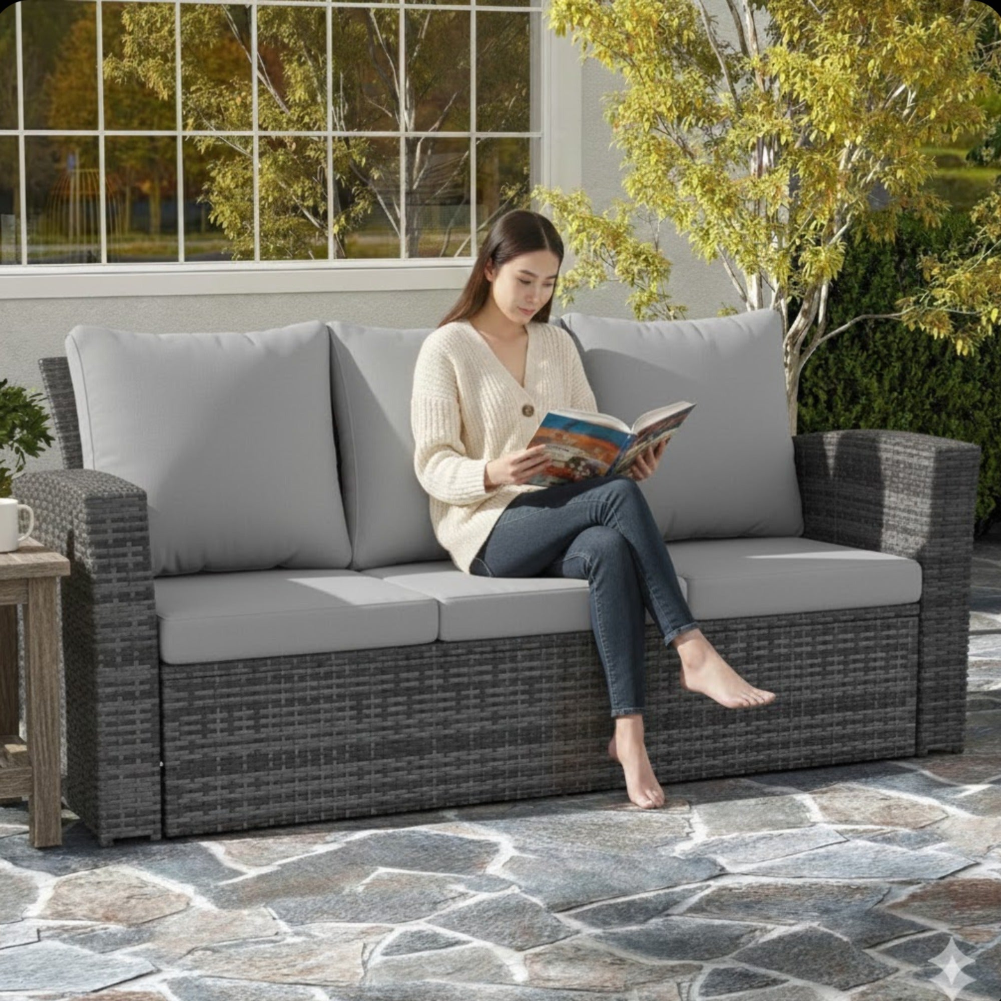 Outdoor Sofa PE Rattan 3 Seat Gray Cushions Black Iron Frame 68in