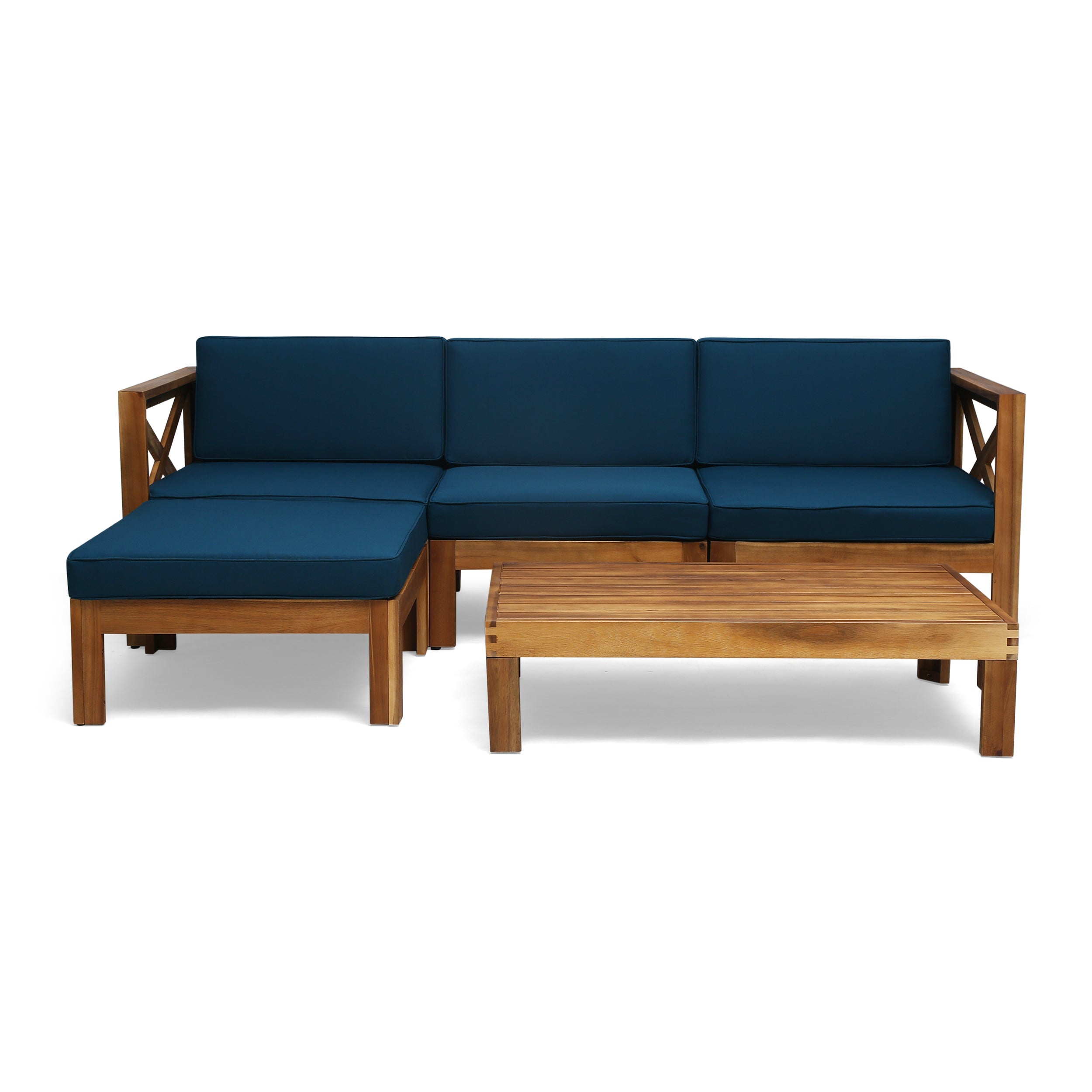 Outdoor Sectional Set Acacia Wood Teak Dark Blue Cushions 5 Piece Seats 4