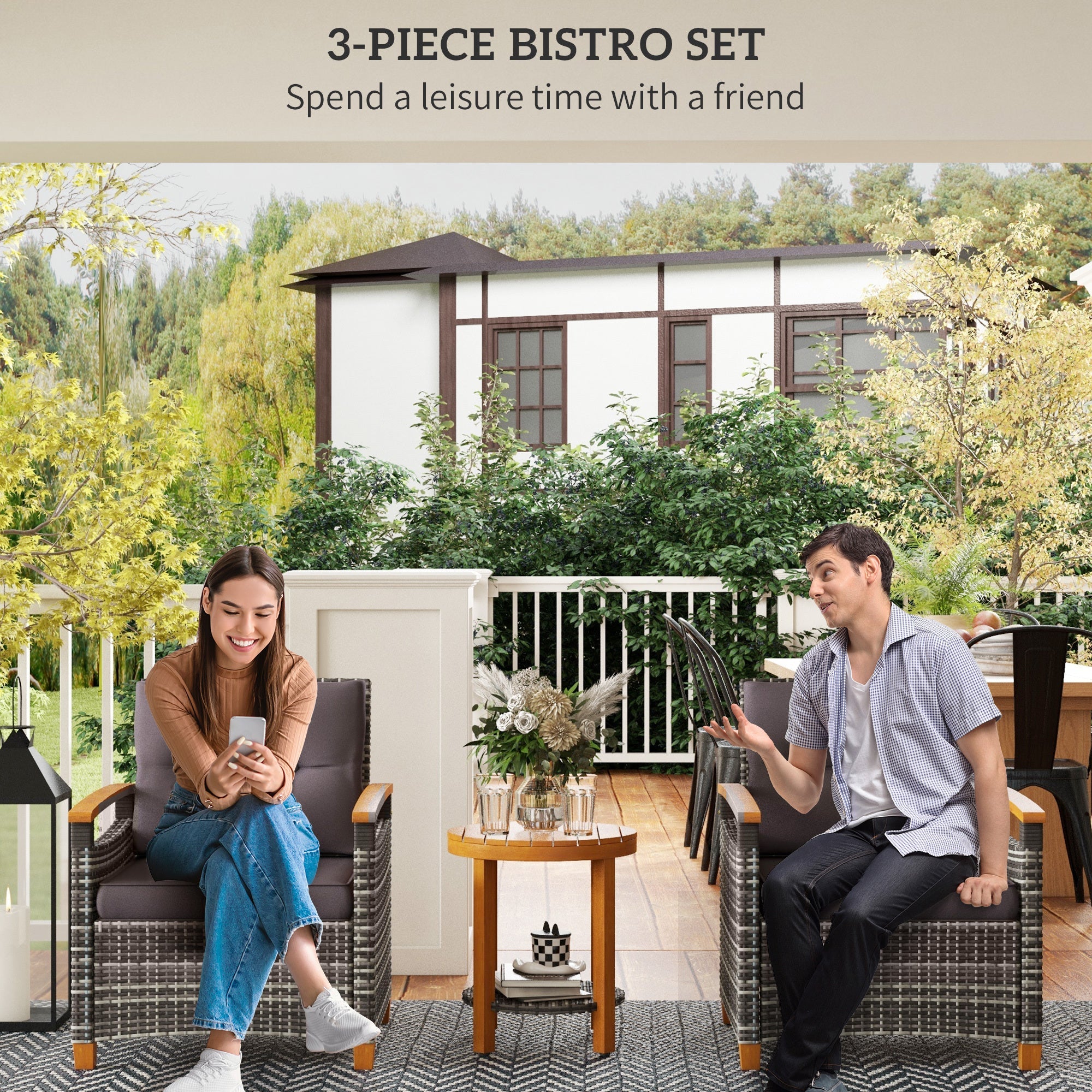 Outdoor Bistro Set PE Rattan Wood Frame Gray 3 Piece