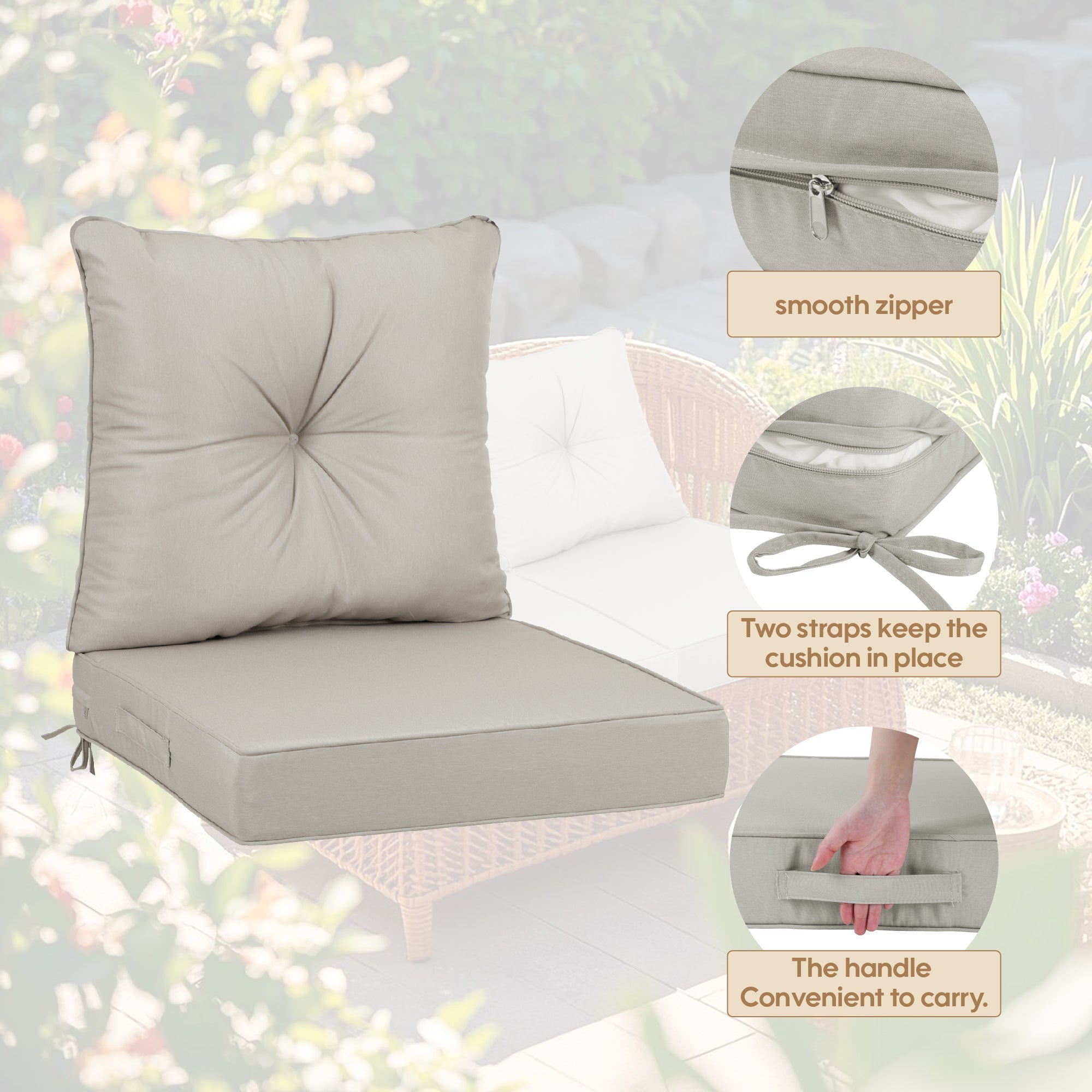 Outdoor Deep Seat Cushion Set Polyester Beige 24x24x4in Waterproof