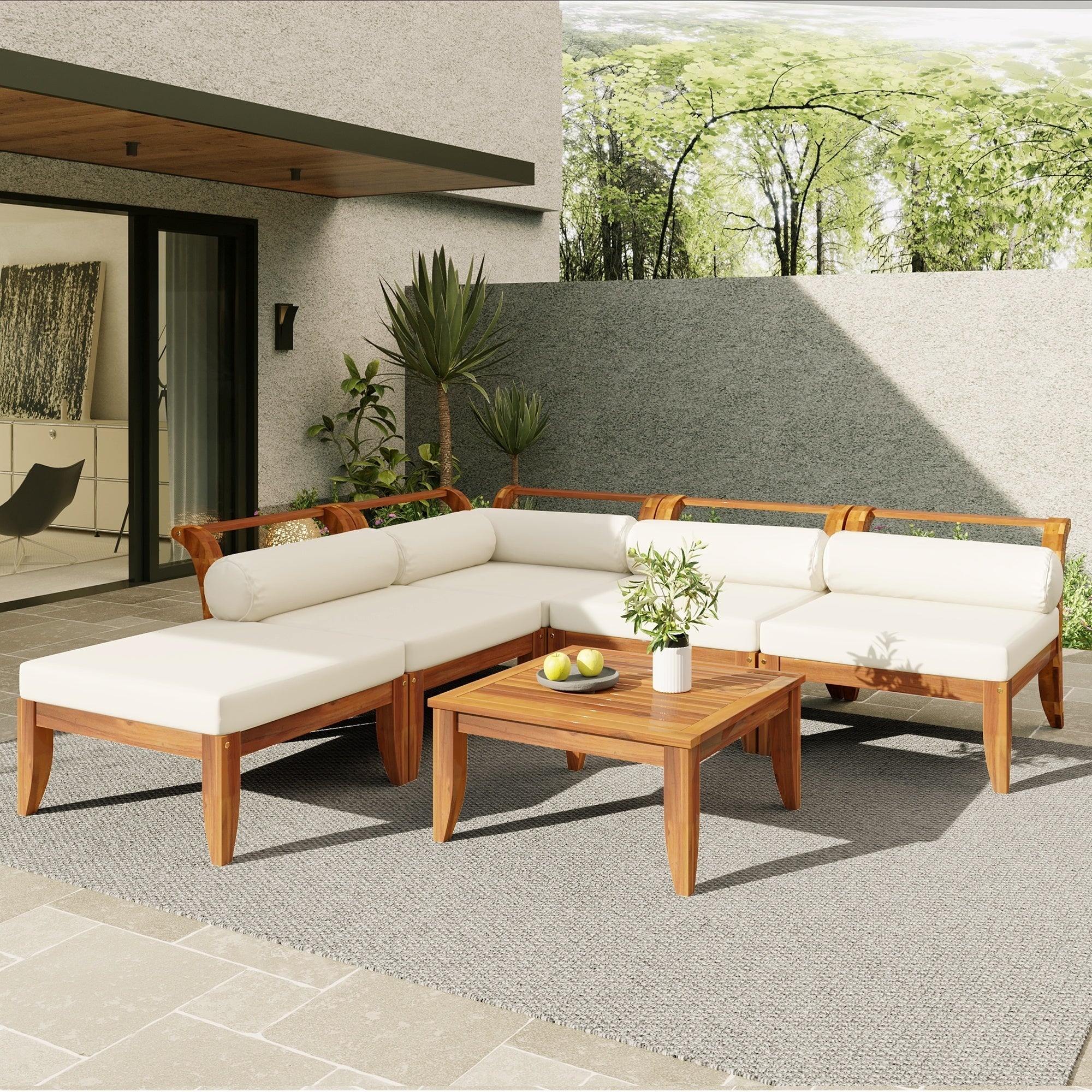 Outdoor Patio Set L-Shape Acacia Wood Teak Beige Cushions 6 Piece