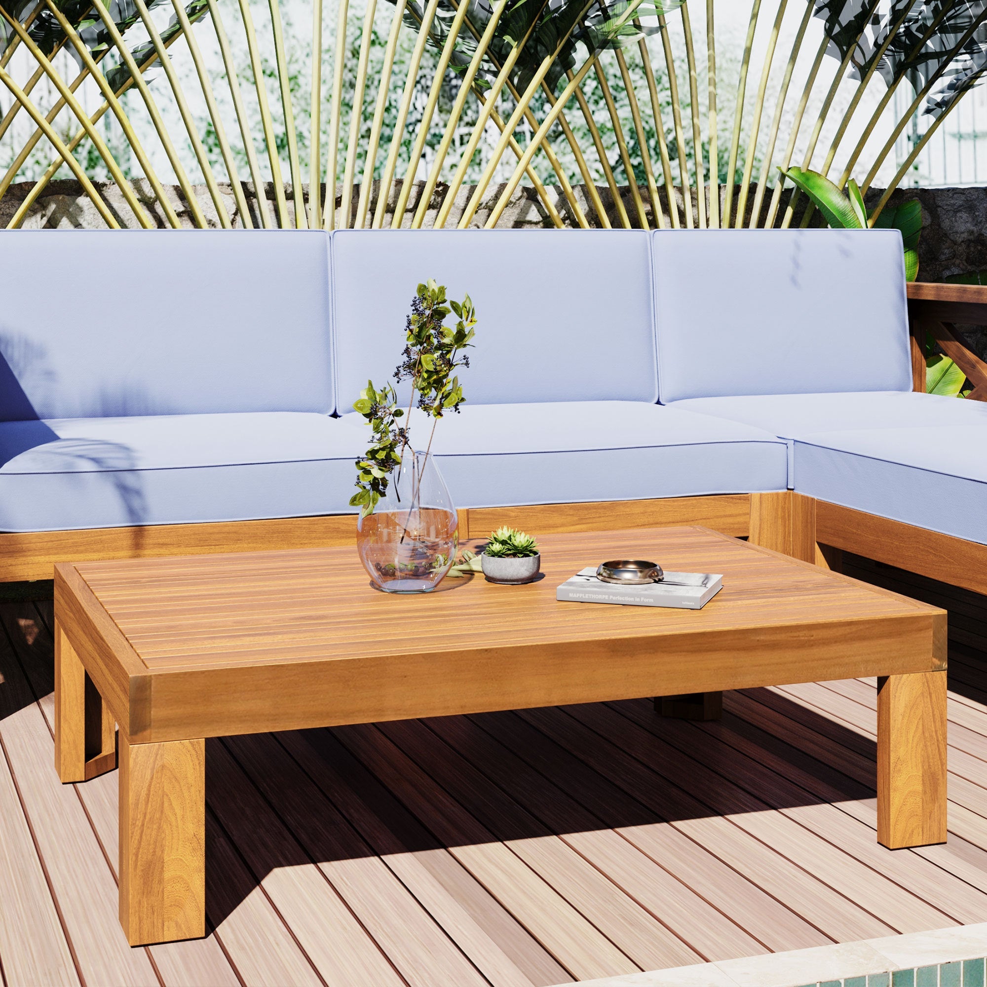 Outdoor Patio Sectional Set Acacia Wood Gray Cushions 5 Piece X-Back